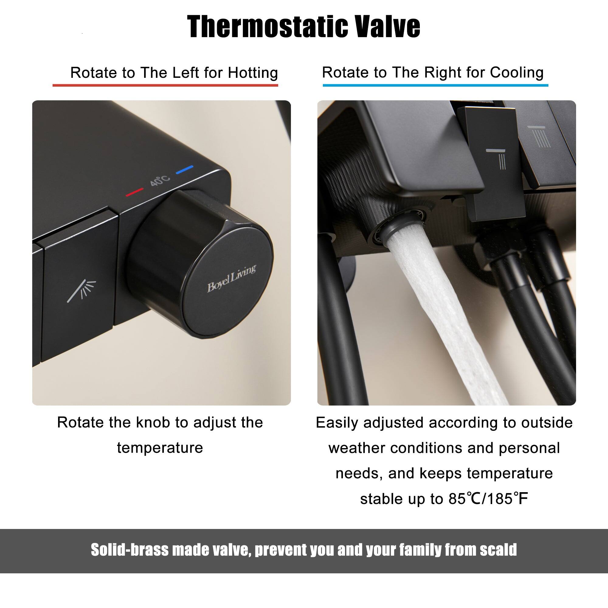 Thermostatic Valve
Rotate to The Left for Hotting
Rotate to The Right for Cooling
Boyeliving
Rotate the knob to adjust the temperature
Easily adjusted according to outside weather conditions and personal needs, and keeps temperature stable up to 85C/185F
Solid-brass made valve, prevent you and your family from scald
