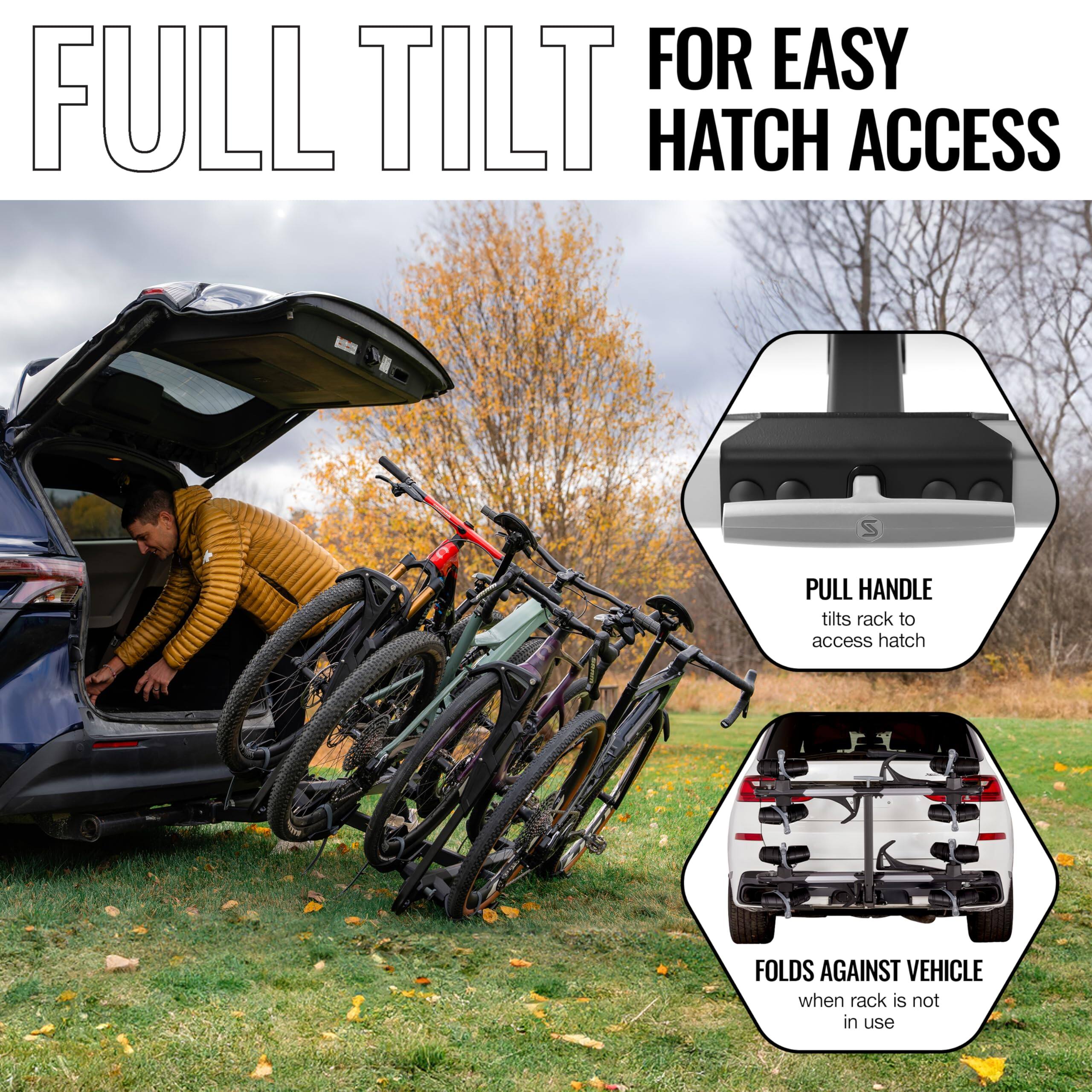 FULL TILT  
FOR EASY HATCH ACCESS

- PULL HANDLE tilts rack to access hatch
- FOLDS AGAINST VEHICLE when rack is not in use