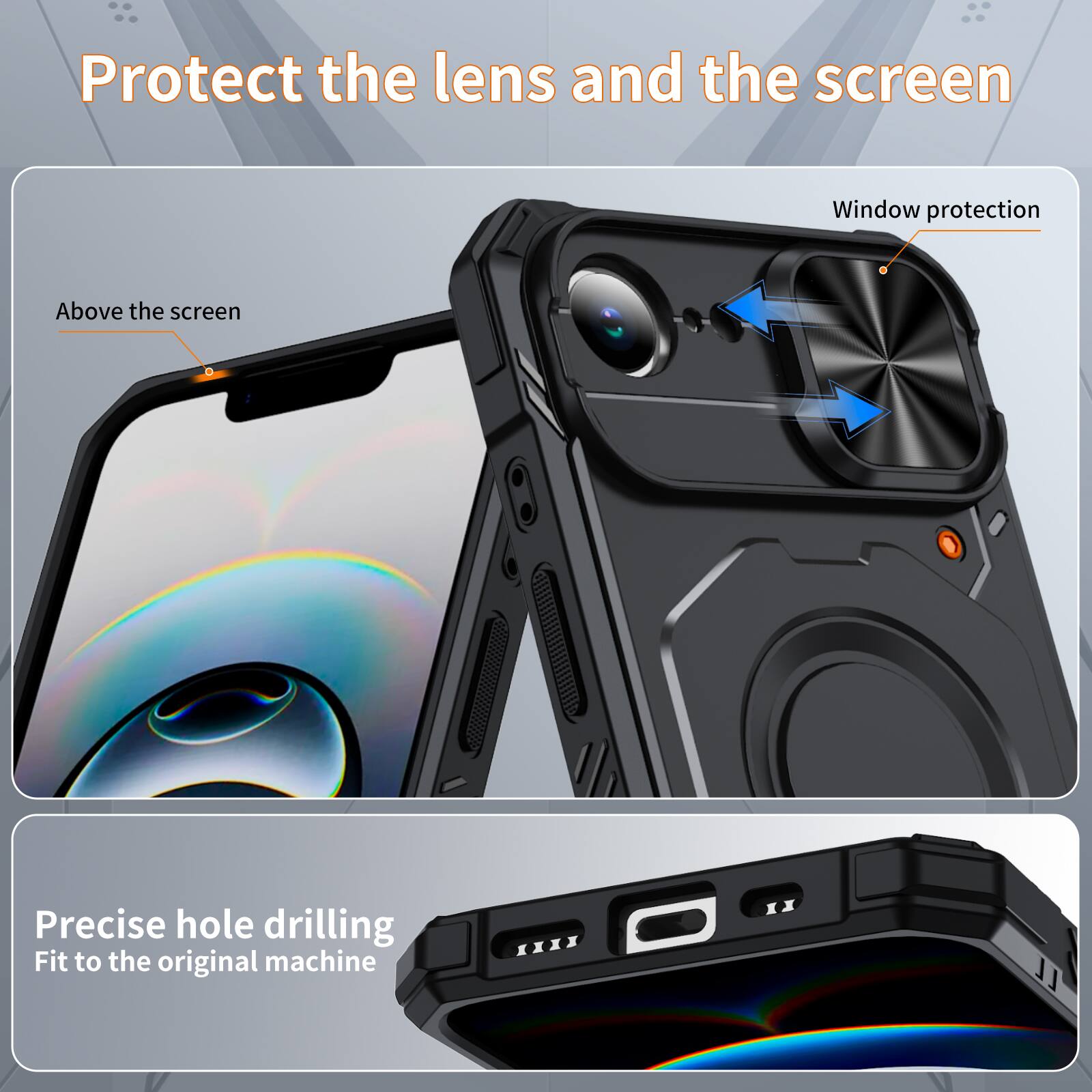 Protect the lens and the screen

Window protection

Above the screen

Precise hole drilling

Fit to the original machine