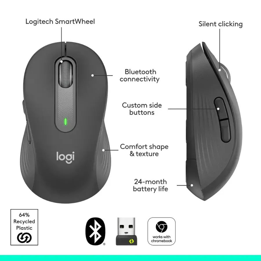 Logitech SmartWheel Silent clicking Bluetooth connectivity Custom side buttons Comfort shape & texture 24-month battery life 64% Recycled Plastic works with chromebook