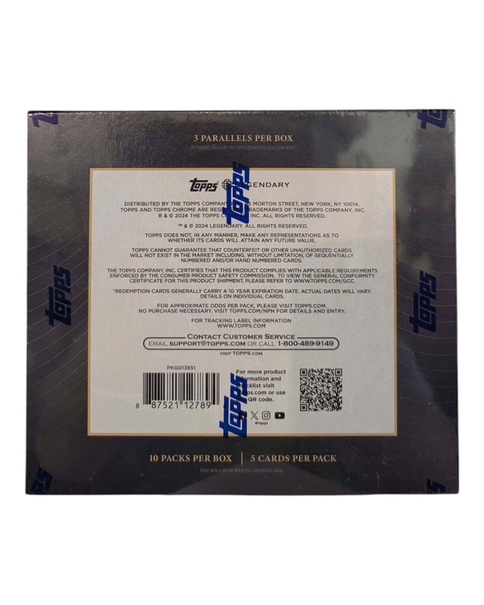 TPPS 3 Parallels per Box  
Legendary  
Distributed by the Topps Company, Inc.  
Topps and Chrome are registered trademarks of the Topps Company, Inc.  
© 2024 Topps Company, Inc. All rights reserved.  
© 2024 Legendary. All rights reserved.  

Topps does not, in any manner, make any representations as to whether its cards will attain any future value.  
Topps cannot guarantee that counterfeit or other unauthorized cards will not exist in the market, including without limitation, of sequentially numbered and/or hand-numbered cards.  

The Topps Company, Inc. certifies that this product complies with applicable requirements enforced by the Consumer Product Safety Commission. To view the general conformity certificate for this product shipment, please refer to www.topps.com/gcc.  

Redemption cards generally carry a 10-year expiration date. Actual dates will vary. Details on individual cards.  

For approximate odds per pack, please visit topps.com.  

No purchase necessary. Visit topps.com for details and entry.  

For tracking and more product information, visit topps.com or use the QR code.  

Contact Customer Service:  
Email: support@topps.com  
Call: 