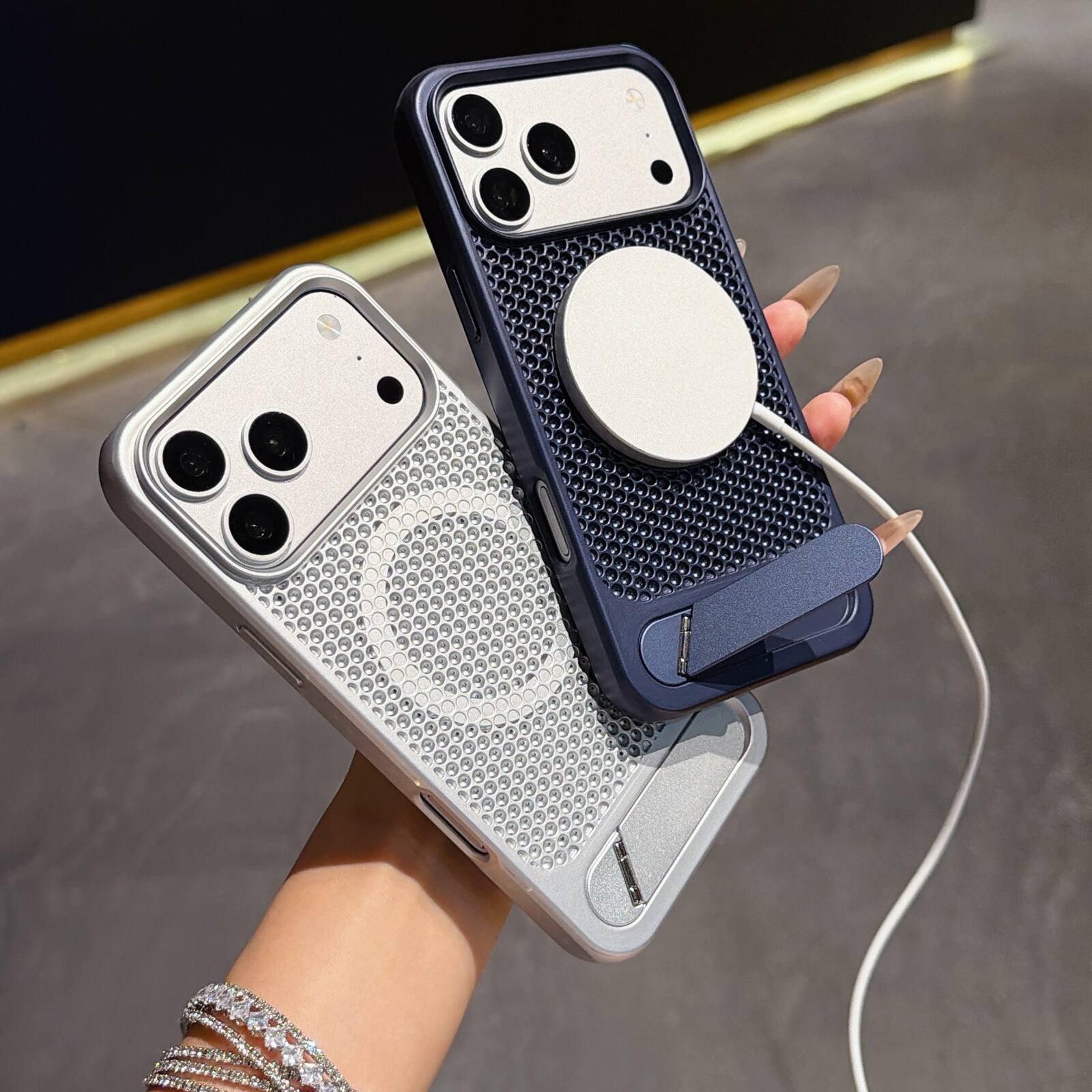 Alt View 2. Dteck - Heat Dissipation Case for Apple iPhone 18 Pro Max with Foldable Hidden Kickstand,Shock-absorbent TPU Frame Hard PC Cover - Silver.