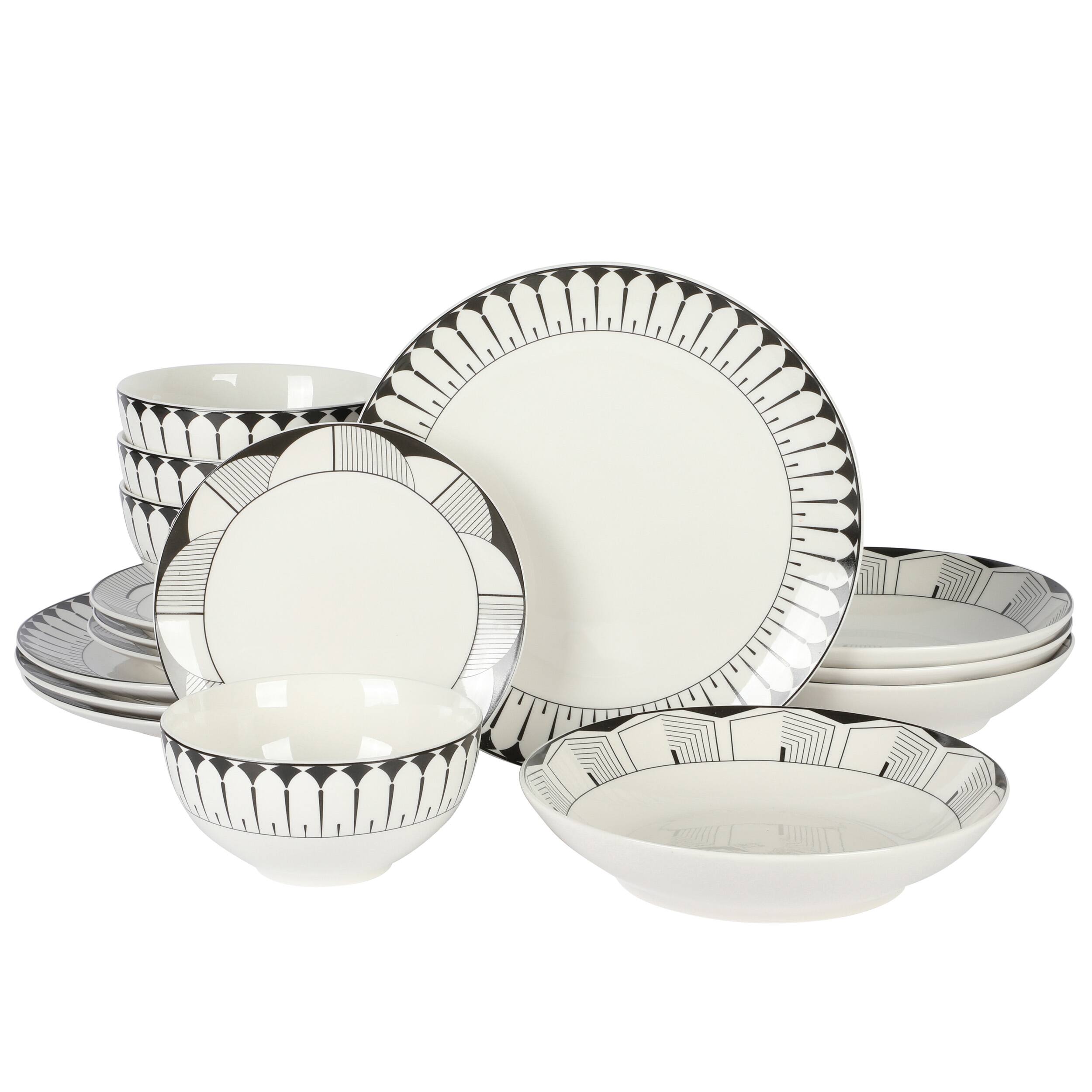 Gibson - Home Aracama 16 Piece Double Bowl Decorated Dinnerware Set - White and Black