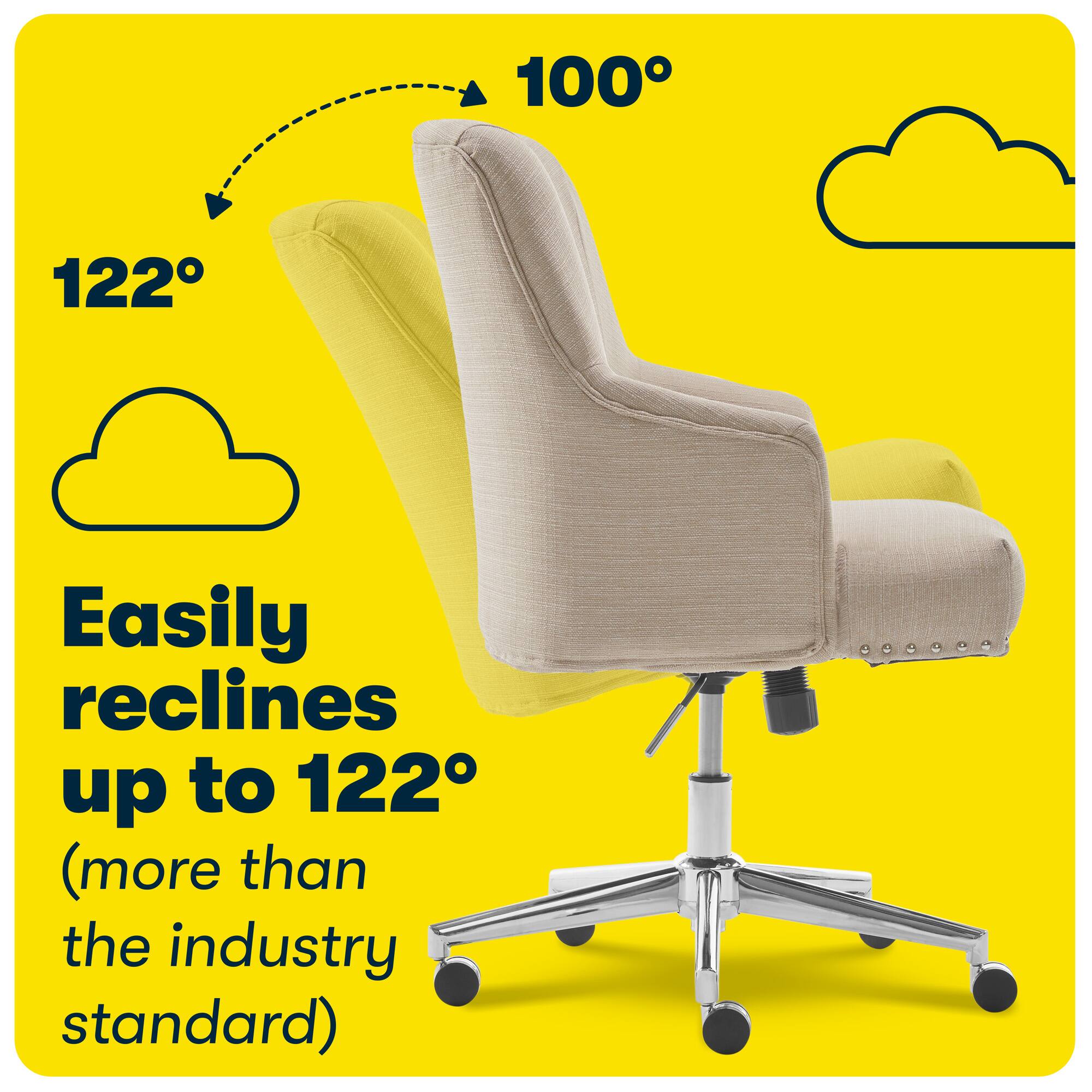 The image features a yellow chair with a cloudy background. The chair is described as having the ability to recline up to 122 degrees, which is more than the industry standard. The text emphasizes that the chair is easy to recline, making it a comfortable and convenient option for users.