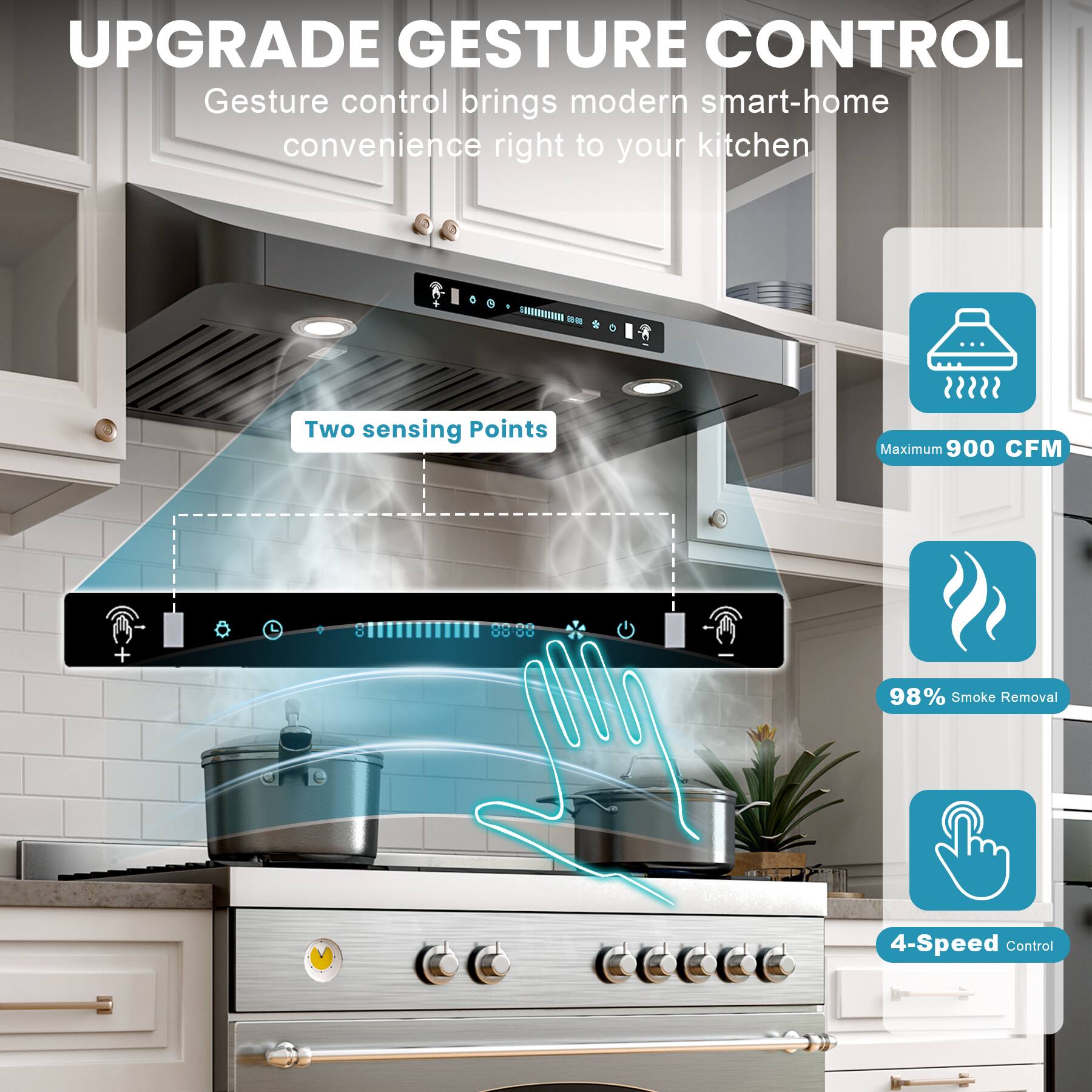 UPGRADE GESTURE CONTROL  
Gesture control brings modern smart-home convenience right to your kitchen  

- Two sensing Points  
- Maximum 900 CFM  
- 98% Smoke Removal  
- 4-Speed Control