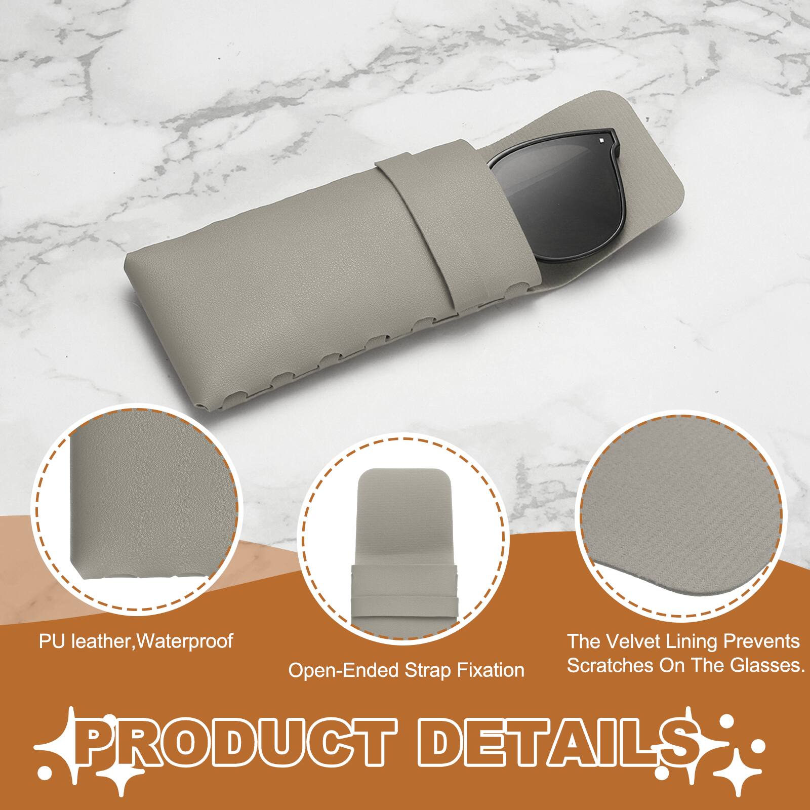 PU leather, Waterproof  
The Velvet Lining Prevents Scratches On The Glasses.  
PRODUCT DETAILS
