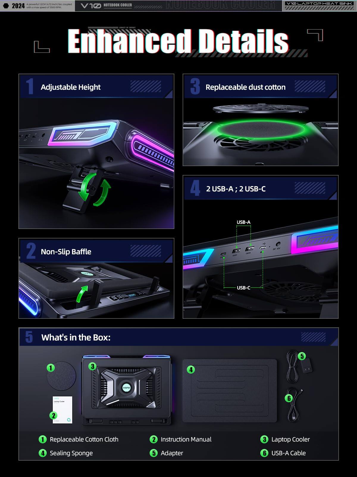 A reueta AM aN rwig n - HOTEBOOK COOLER 2024 - - - - -  V10 NUTEBUUR COULER VILAPTOPHEATSNK VI Enhanced Details 1 Adjustable Height 3 Replaceable dust cotton 4 2 USB-A ; 2 USB-C 2 Non-Slip Baffle USB-A Jo USB-C 5 What's in the Box: 5 1 3 4 - 6 2 1 Replaceable Cotton Cloth 2 Instruction Manual 3 Laptop Cooler 4 Sealing Sponge 5 Adapter 6 USB-A Cable