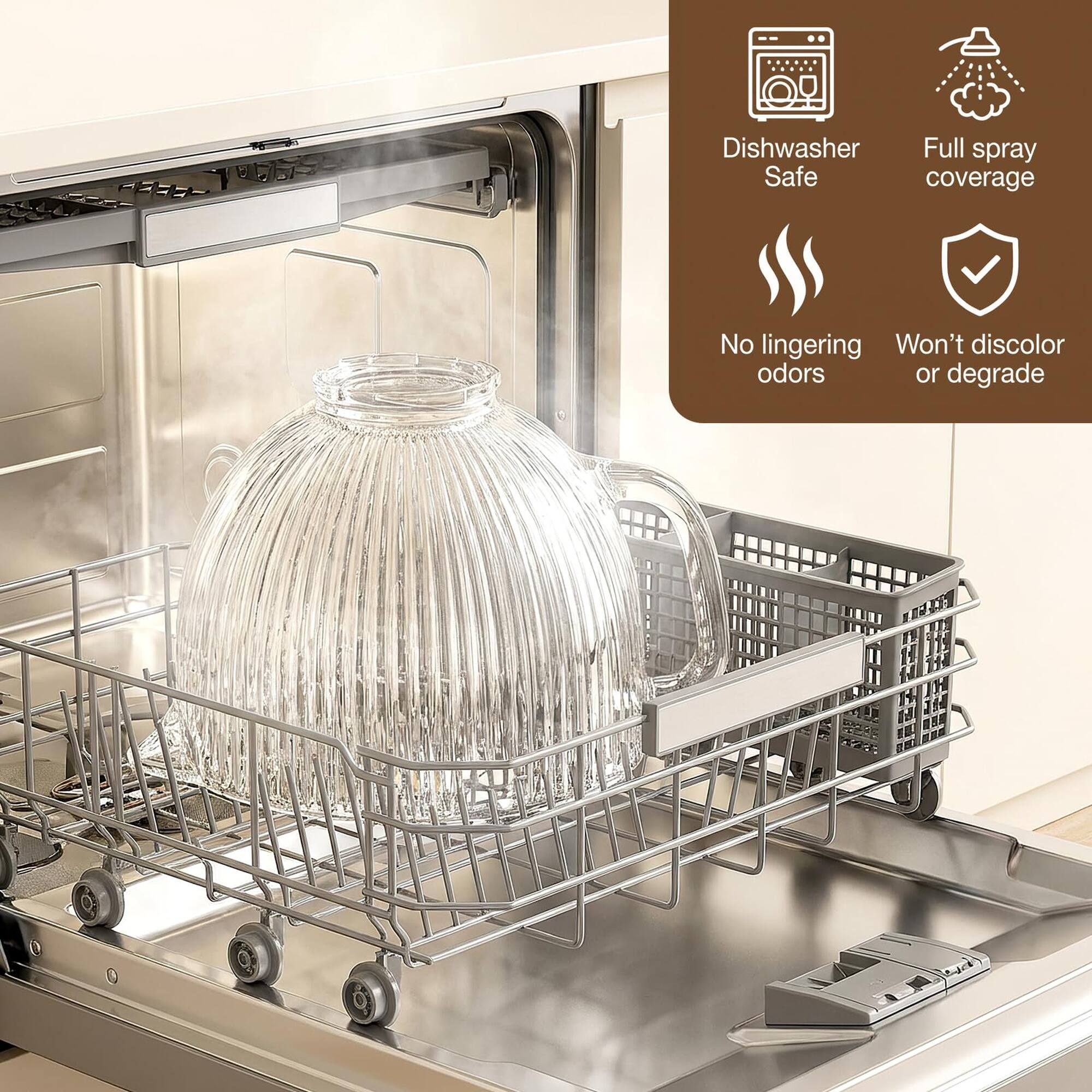 Dishwasher Safe  
Full spray coverage  
No lingering odors  
Won't discolor or degrade