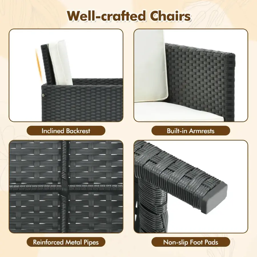 Well-crafted Chairs:

* Inclined Backrest
* Built-in Armrests
* Reinforced Metal Pipes
* Non-slip Foot Pads