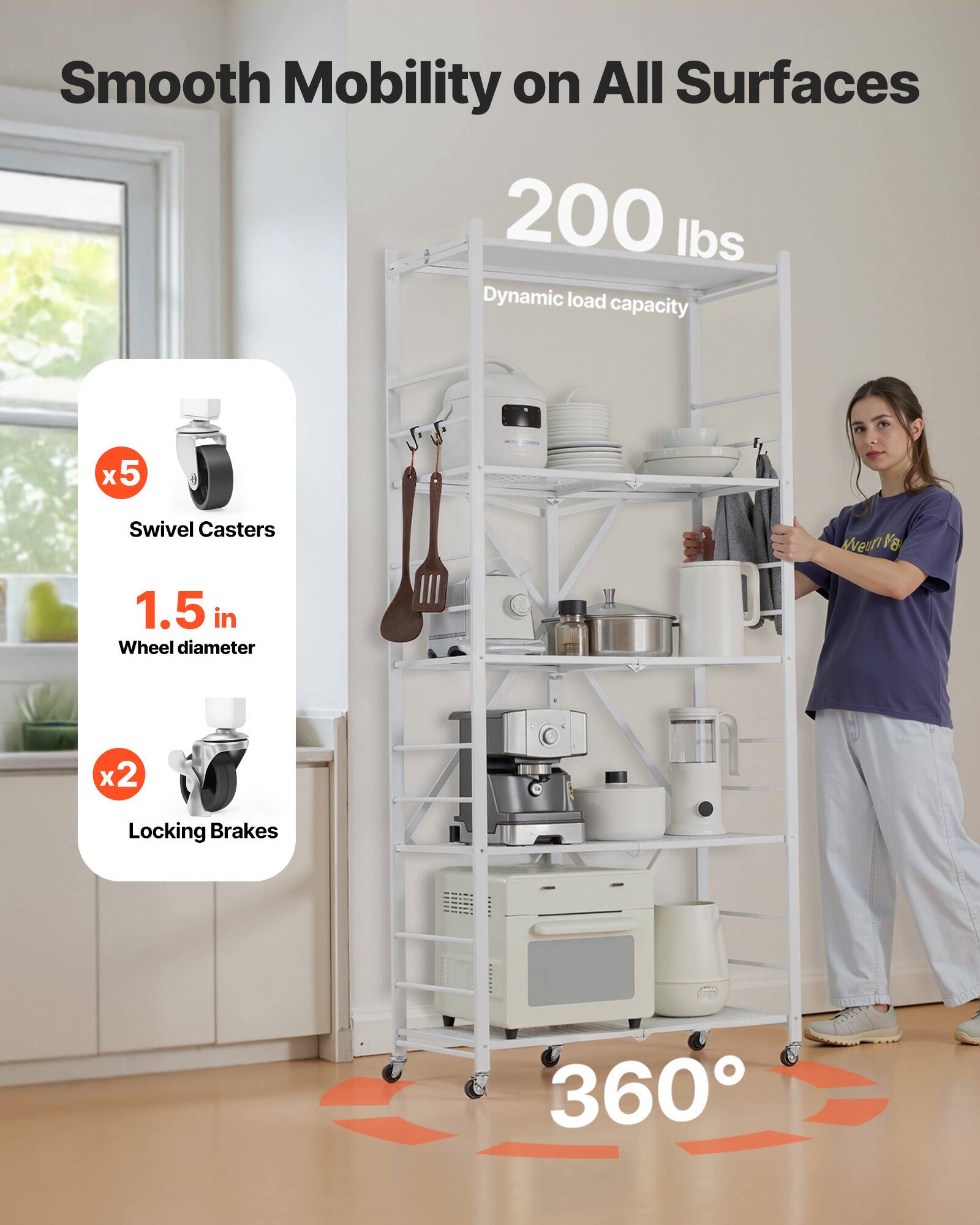 Smooth Mobility on All Surfaces, 200 lbs Dynamic load capacity, x5 - Swivel Casters, 1.5 in Wheel diameter, x2 Locking Brakes, 360°