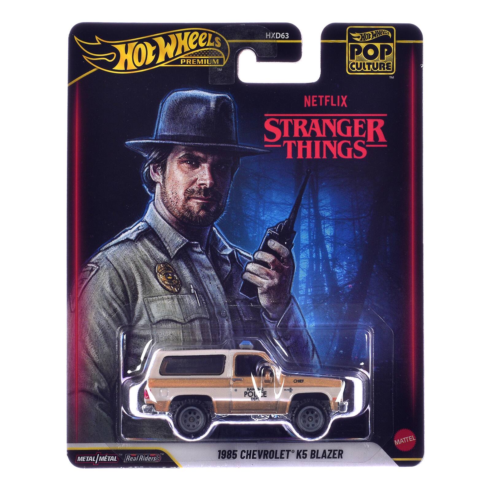 Hot Wheels Premium  
Pop Culture  
Netflix Stranger Things  
Chief  
18 Police Dept.  
Metal/Metal Real Riders  
1985 Chevrolet K5 Blazer  
Mattel