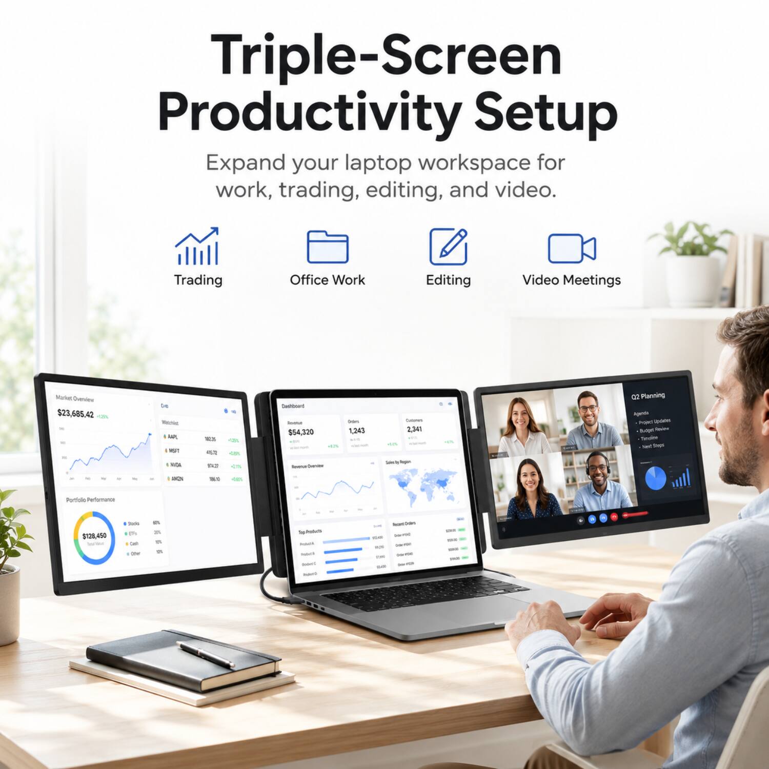 Triple-Screen Productivity Setup  
Expand your laptop workspace for work, trading, editing, and video.  

Trading Office Work Editing Video Meetings  

Market Overview  
$23,685.42 - Se - - - - UT - - 8 - - - 554,320 i - - 1,.243 - - 2.341 - | C Planning -g - -o Bo - S - sn - -t T - - - - - - d - - - -  

Portfolio Performance  
$128,450 - - - 1 - 1 - - - - t - - - - - - - -- - - - - - - - - - - - - - -