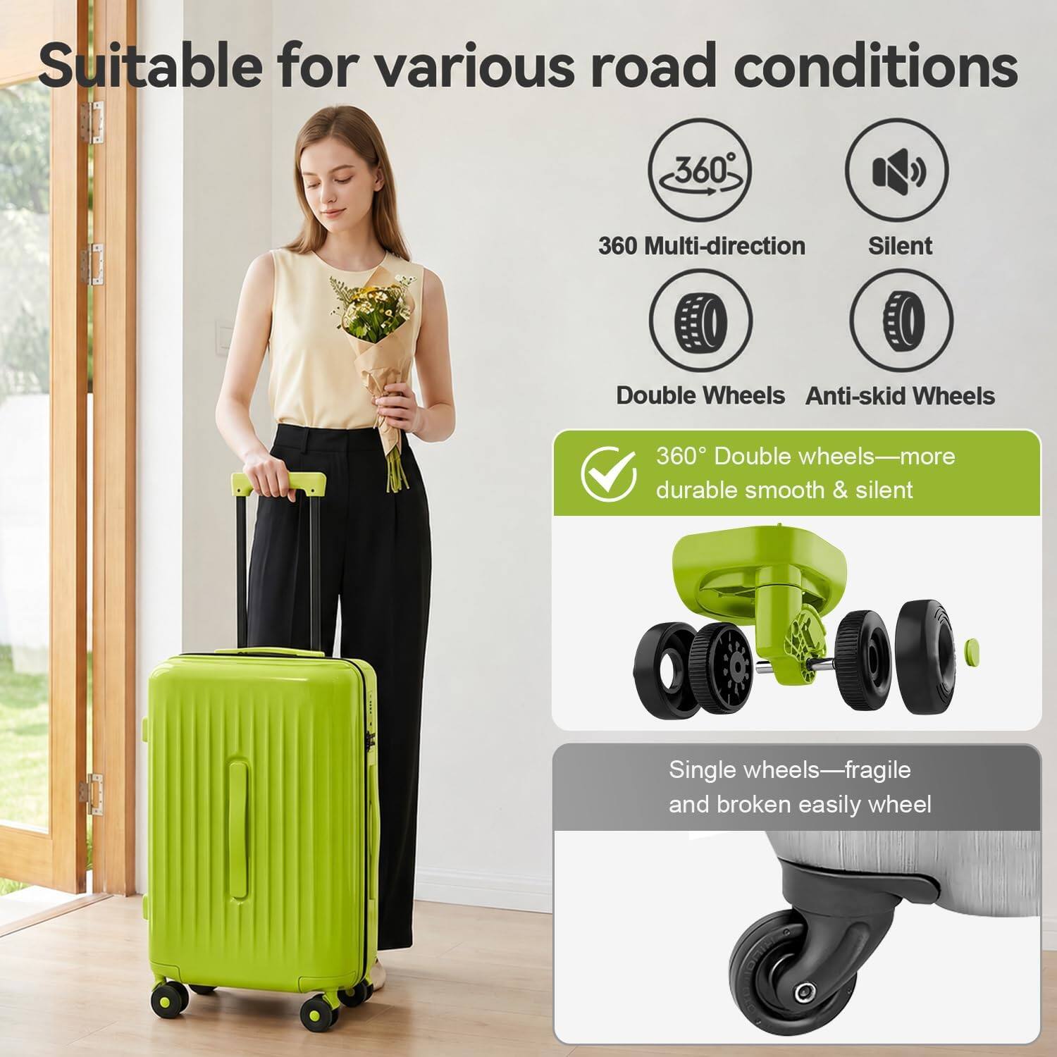Suitable for various road conditions

360° Multi-direction Silent Double Wheels Anti-skid Wheels

360° Double wheels—more durable smooth & silent

Single wheels—fragile and broken easily wheel