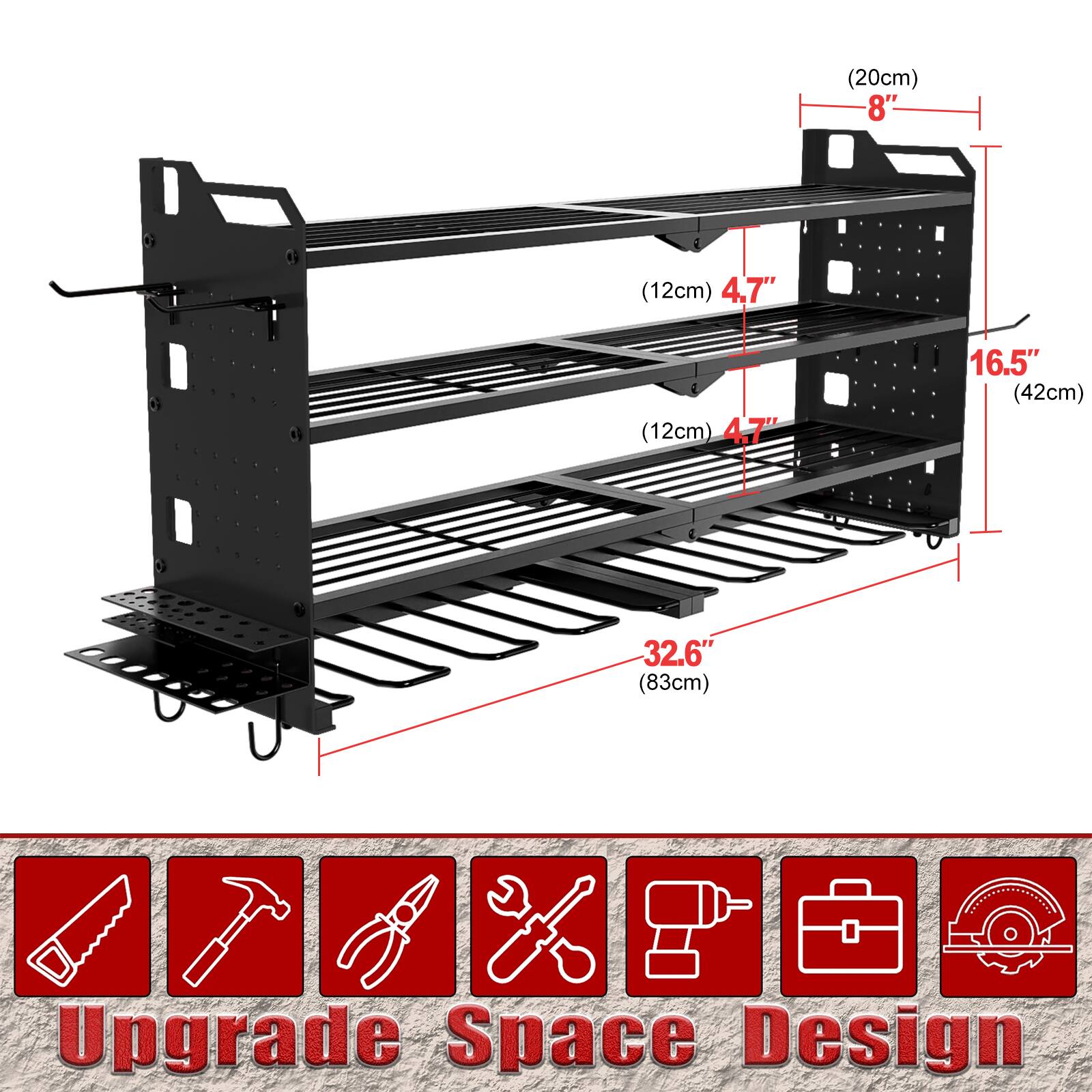 (20cm) 8"  
(12cm) 4.7"  
(12cm) 4.7"  
16.5" (42cm)  
32.6" (83cm)  
Upgrade Space Design