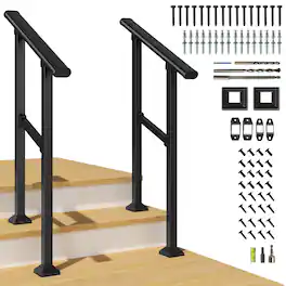 LOVMOR - 2 Pack 2 Step Hand Rails for Outdoor Steps Wrought Iron Railing - Black