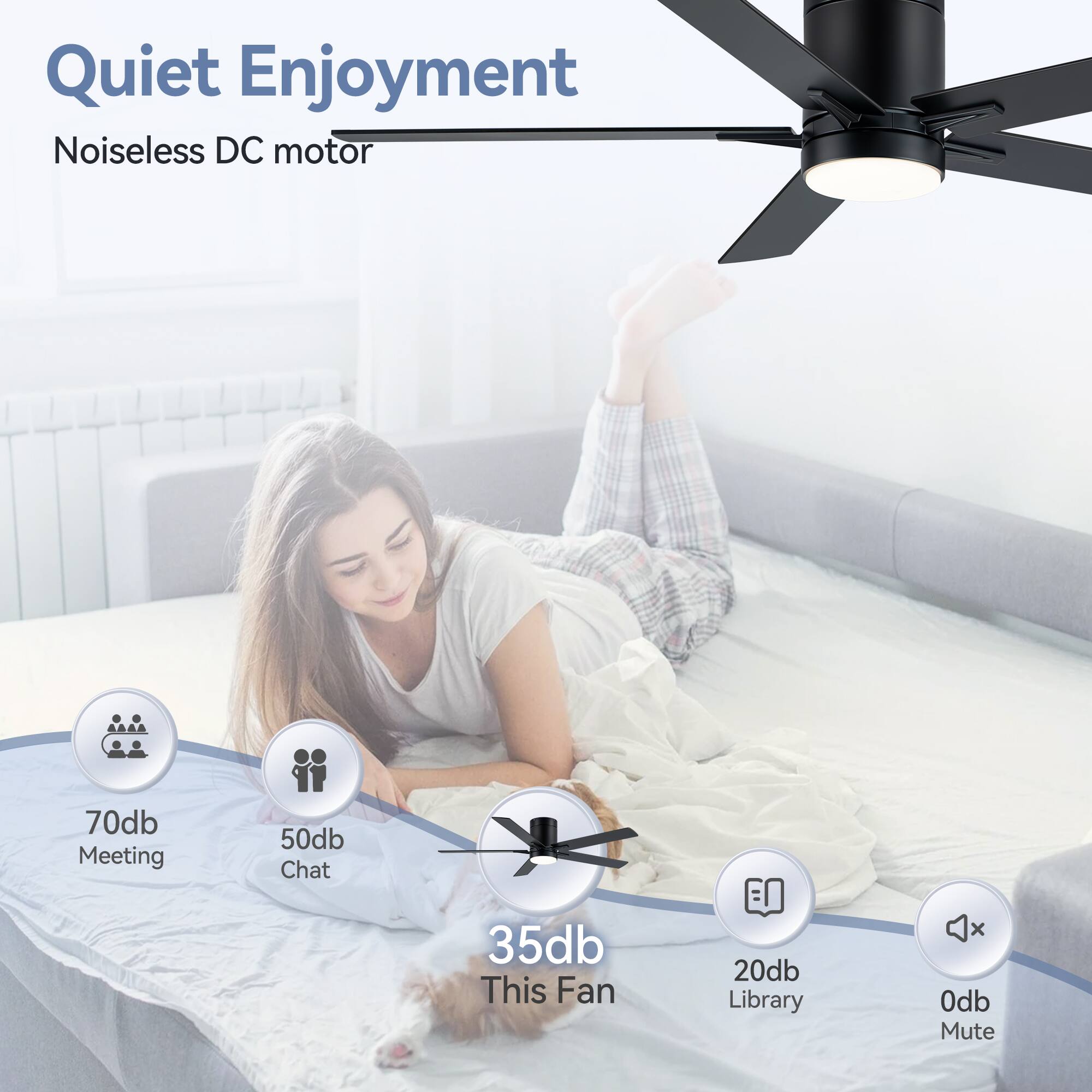 Quiet Enjoyment, Noiseless DC motor, 70db Meeting, 50db Chat, 35db This Fan, 20db Library, 0db Mute