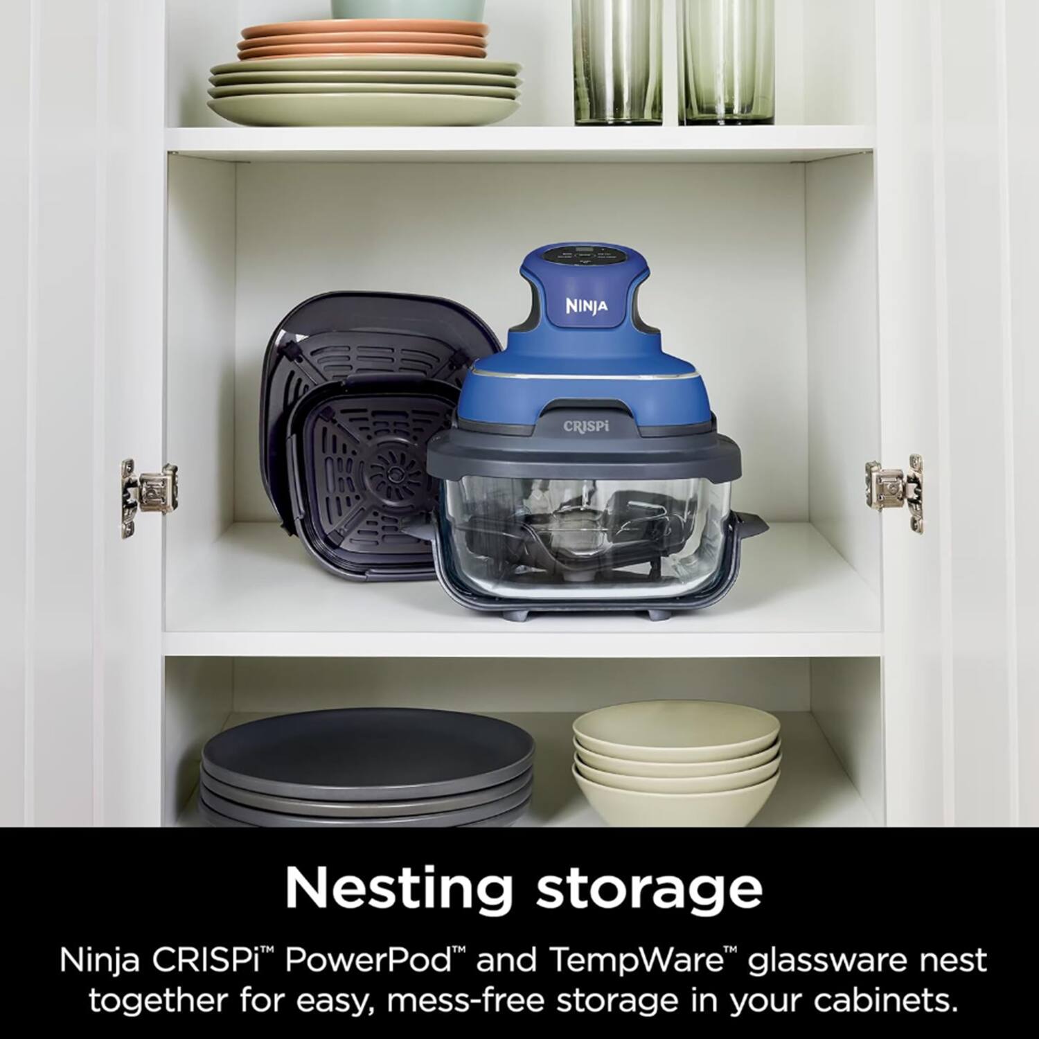 Ninja CRISPi Nesting storage: Ninja CRISPi PowerPod™ and TempWare™ glassware nest together for easy, mess-free storage in your cabinets.