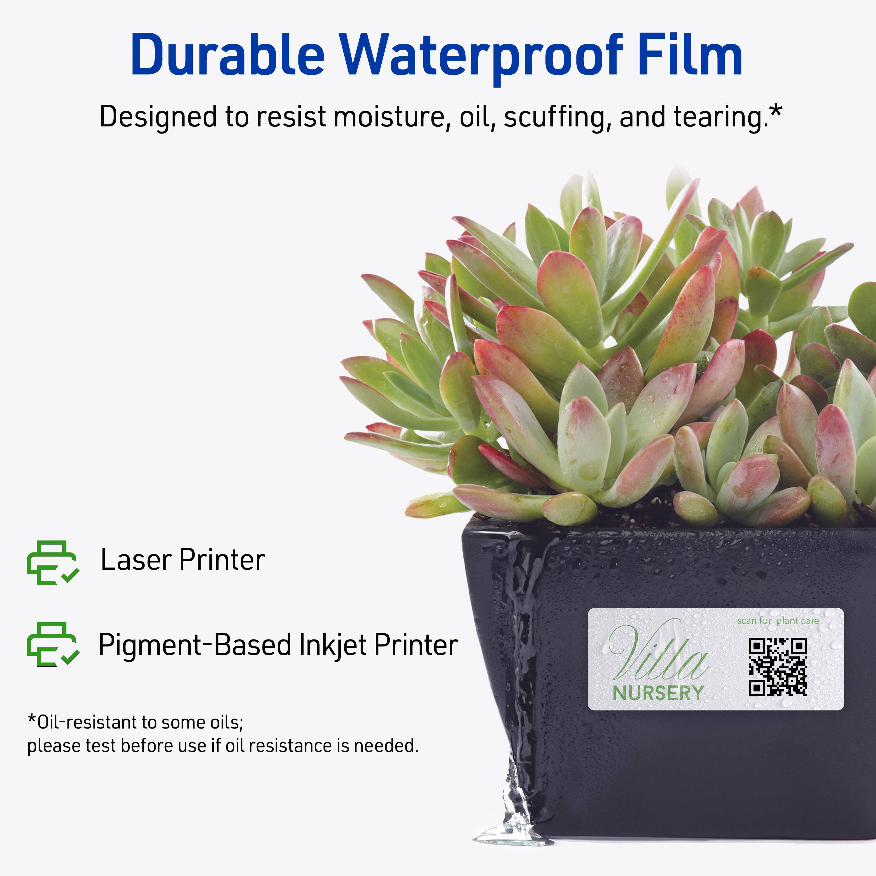 Durable Waterproof Film  
Designed to resist moisture, oil, scuffing, and tearing.*

Laser Printer  
Pigment-Based Inkjet Printer  
*Oil-resistant to some oils; please test before use if oil resistance is needed.

scan for plant care  
Vitta NURSERY