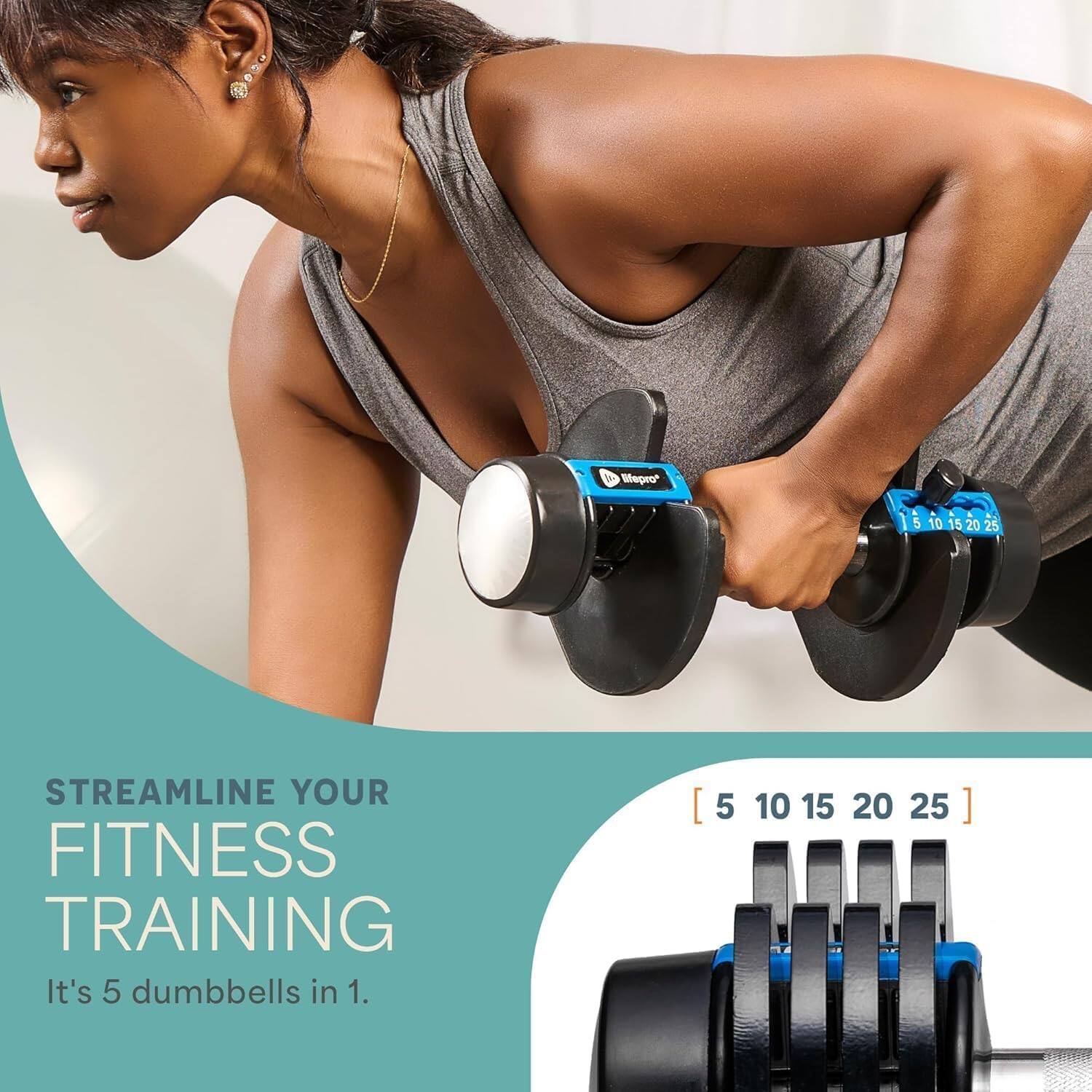 Epea A a 510152025 5 10 15 20 25 STREAMLINE YOUR FITNESS TRAINING It's 5 dumbbells in 1. [5 10 15 20 25]