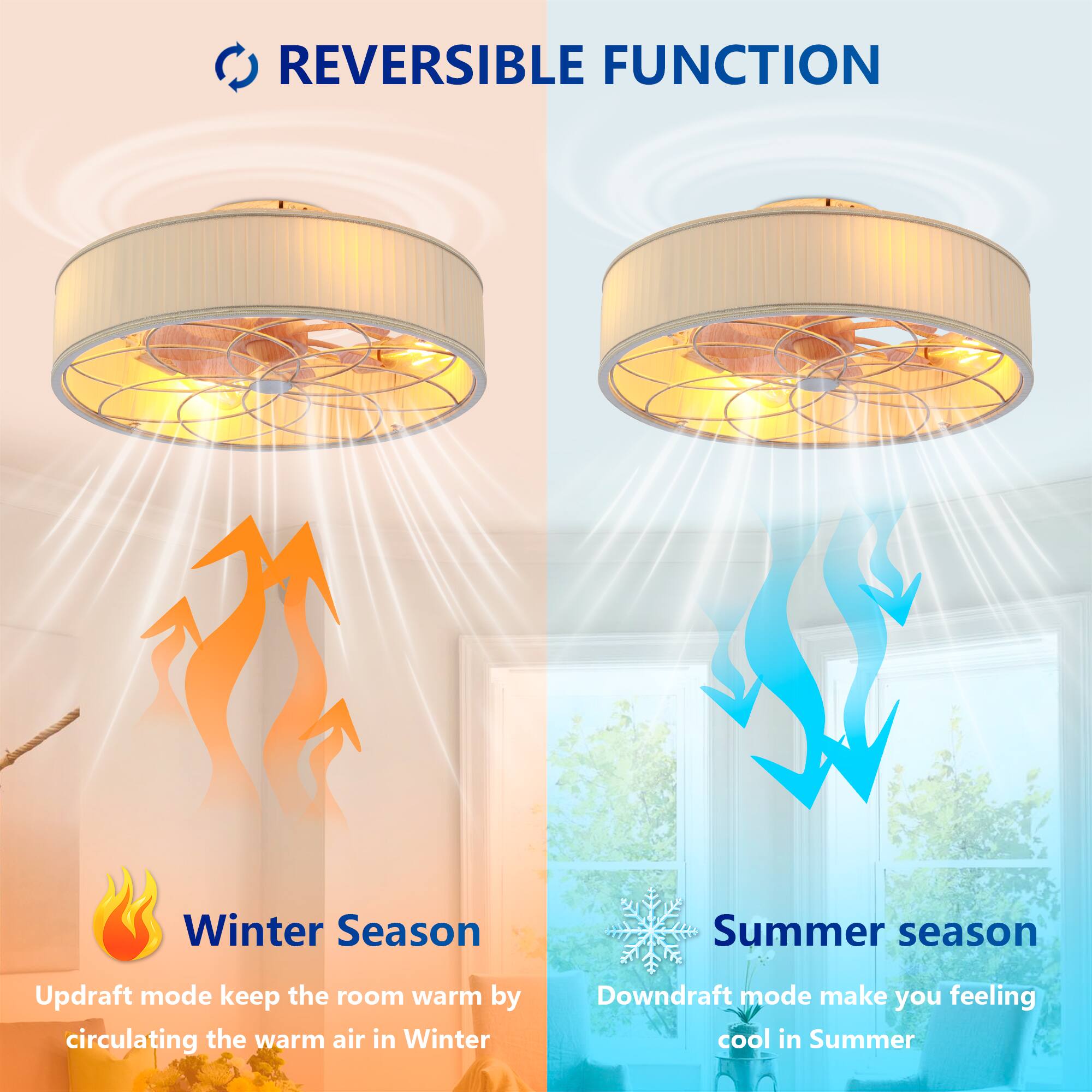 REVERSIBLE FUNCTION

Winter Season  
Updraft mode keeps the room warm by circulating the warm air in Winter

Summer Season  
Downdraft mode makes you feel cool in Summer