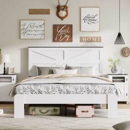 LUCKY ONE - King Size Wood Platform Bed Frame with Industrial Style, Metal Frame, Wood Slats, No Box Spring Needed - White,King
