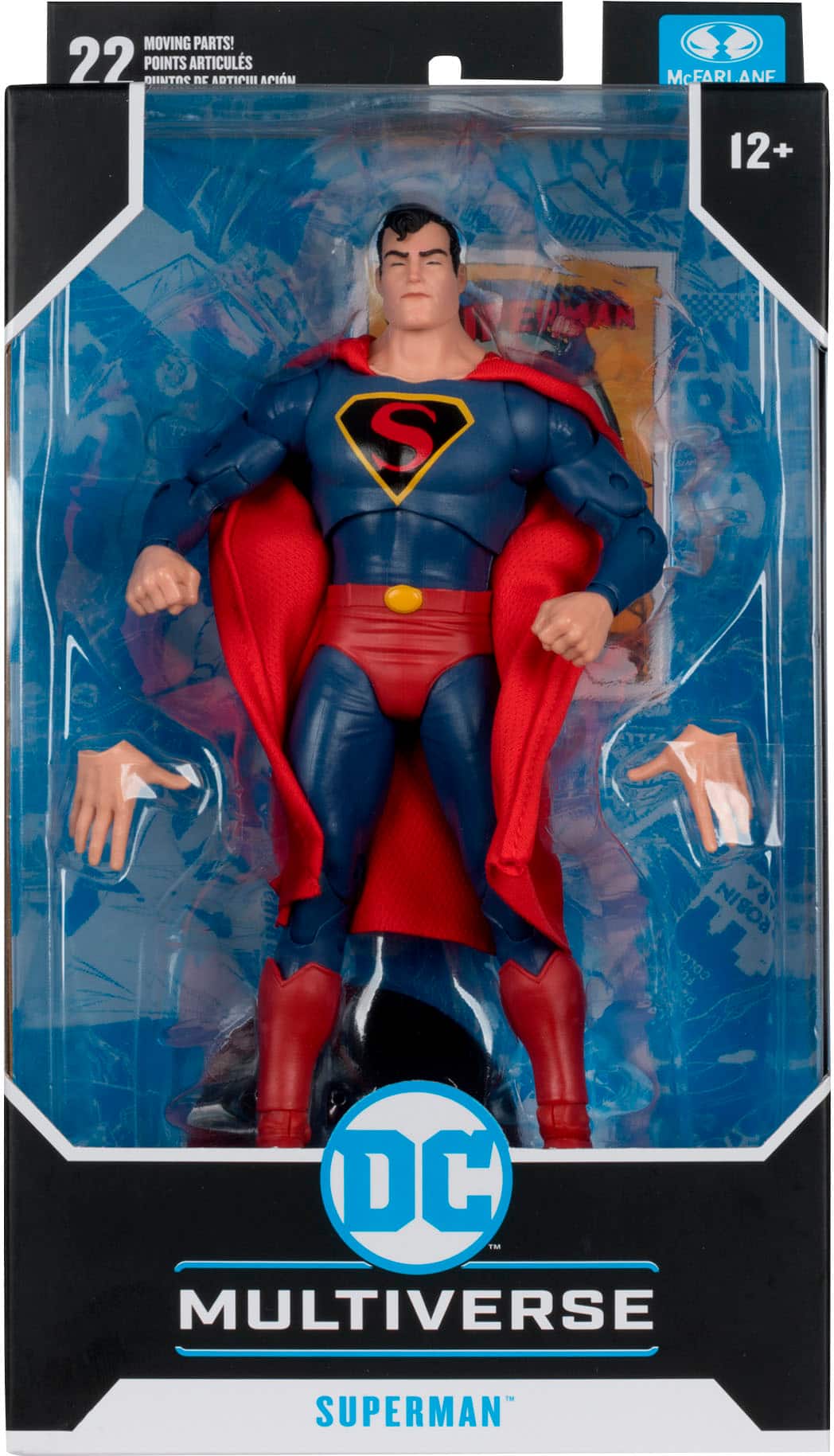 The text on the image reads: "Moving parts! 22 dintos points articulated arms and legs. McFarlane 12+ points of articulation. DC Multiverse Superman."