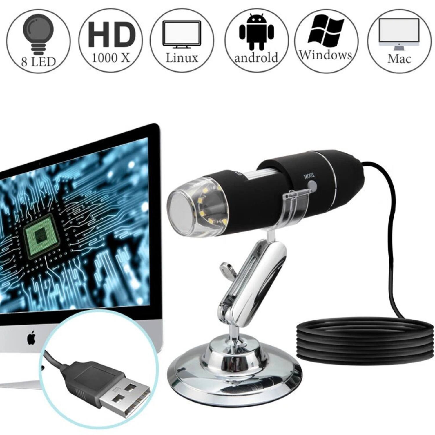 8 LED, HD, 1000 X, Linux, Android, Windows, Mac