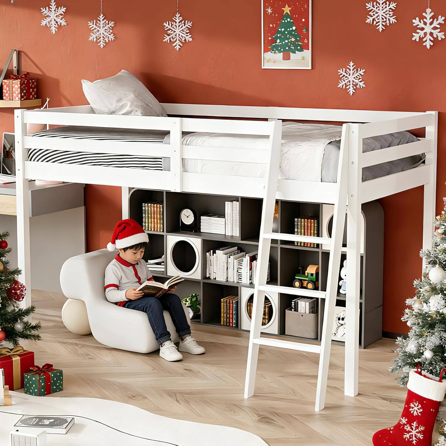 Alt View 8. Winado - 47'' Junior Low Loft Bed with Stairs, Wood Loft Bed Twin Size for Adults, Kids and Young Teens, No Box Spring Required - White.
