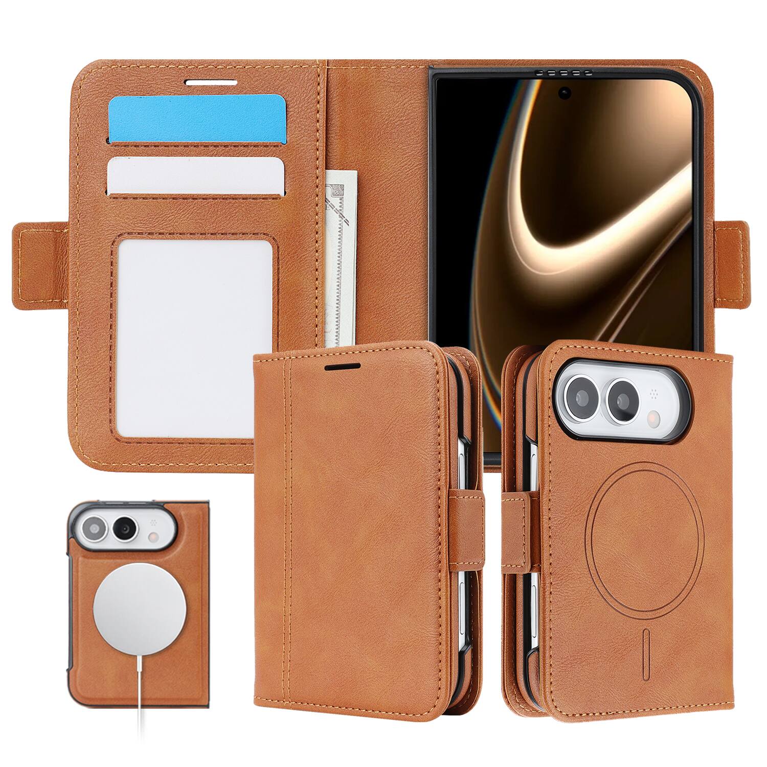 Alt View 3. Dteck - Shockproof RFID Leather Wallet Phone Case for Apple iPhone Duo, Detachable Magnetic 2 in 1 Folio TPU Protective Cover - Brown.