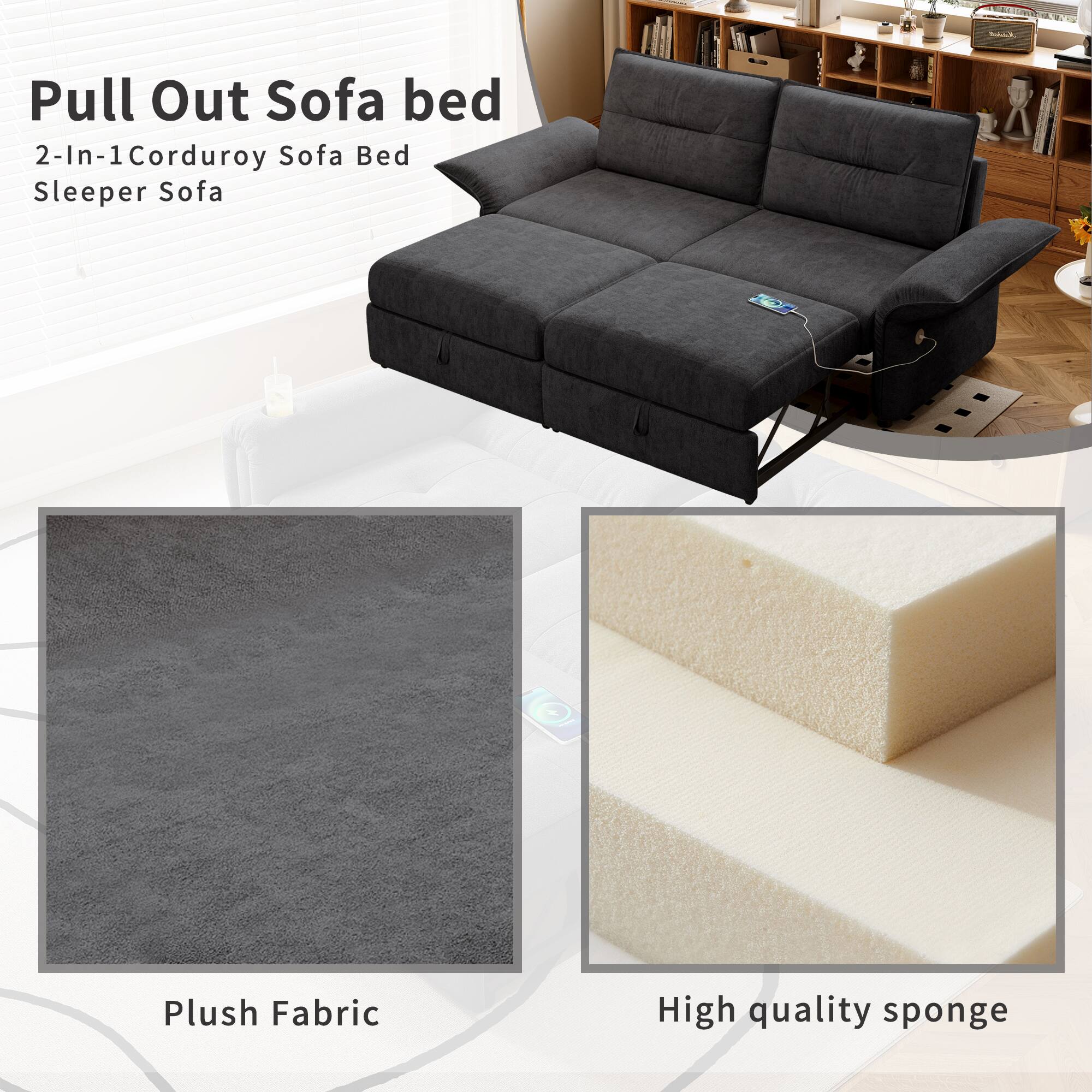 Pull Out Sofa bed  
2-In-1 Corduroy Sofa Bed Sleeper Sofa  

Plush Fabric  
High quality sponge