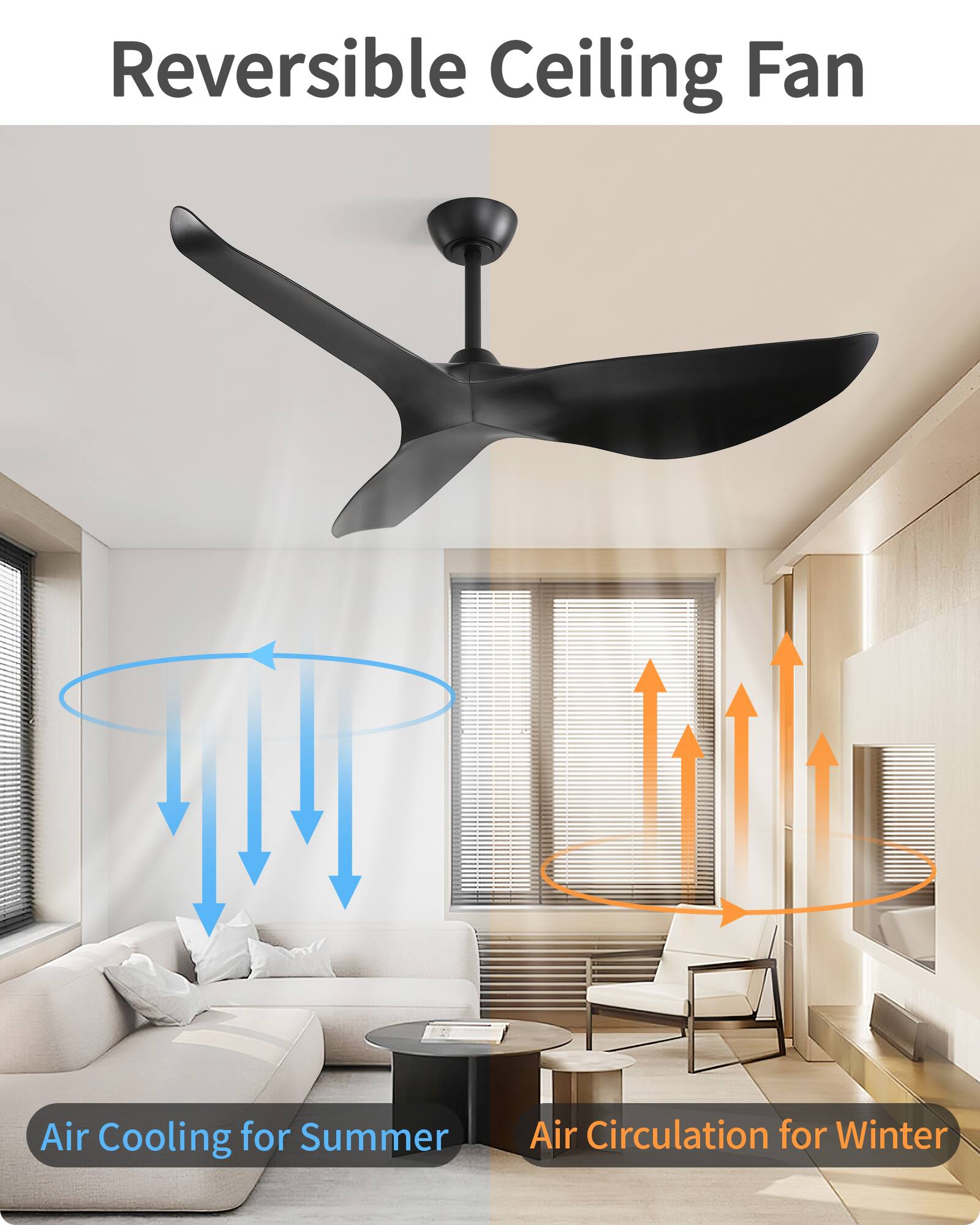 Reversible Ceiling Fan

Air Cooling for Summer

Air Circulation for Winter