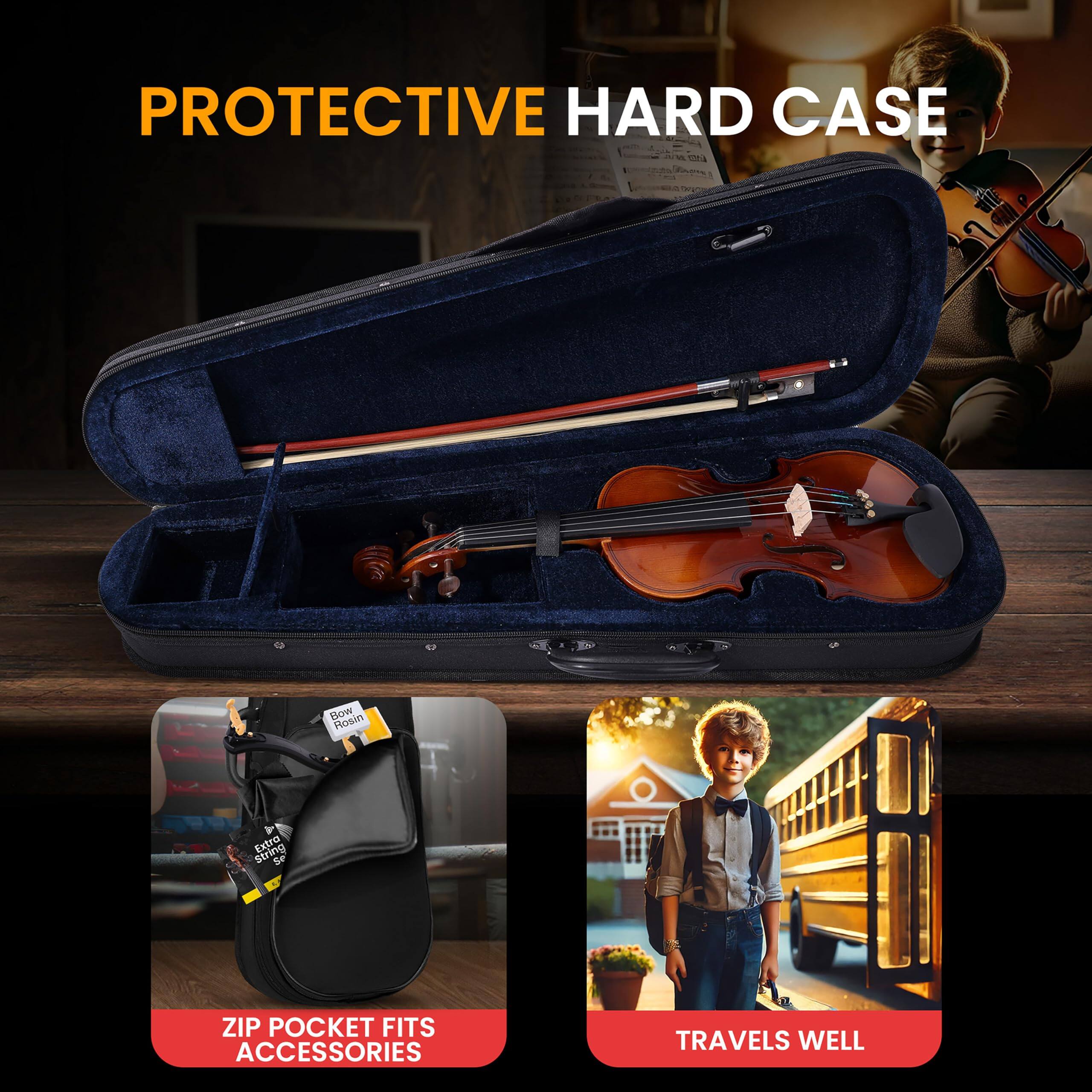 PROTECTIVE HARD CASE  
Bow Rosin  
Extra Strings  
ZIP POCKET FITS ACCESSORIES  
TRAVELS WELL