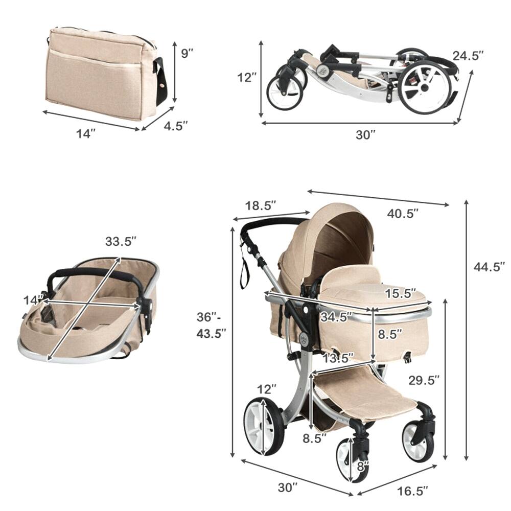 Sure, here is the corrected and grouped text from the image:

- **Stroller Dimensions:**
  - Width: 33.5"
  - Height: 44.5"
  - Depth: 40.5"
  - Seat Height: 15.5"
  - Seat Depth: 34.5"
  - Seat Width: 18.5"
  - Handle Height: 44.5"
  - Wheel Diameter: 12"
  - Rear Wheel Diameter: 8.5"
  - Front Wheel Diameter: 8"
  - Folded Width: 36"-43.5"
  - Folded Height: 30"
  - Folded Depth: 16.5"

- **Bag Dimensions:**
  - Width: 14"
  - Height: 9"
  - Depth: 4.5"

- **Other Dimensions:**
  - 24.5"
  - 30"