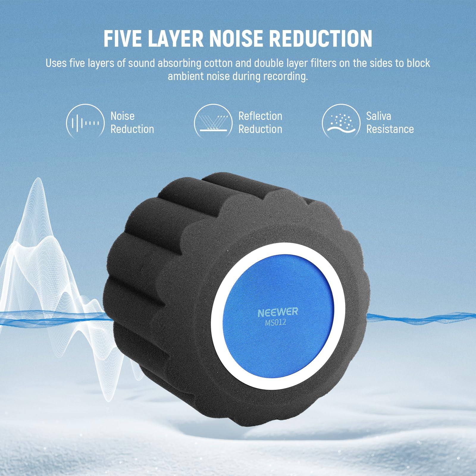 FIVE LAYER NOISE REDUCTION  
Uses five layers of sound absorbing cotton and double layer filters on the sides to block ambient noise during recording.

- Noise Reduction
- Reflection Reduction
- Saliva Resistance

NEEWER MS012