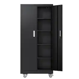 Winado - Metal Storage Cabinet with 2 Doors, 4 Adjustable Shelves, 750 lbs Capacity, 360° Swivel Wheels for Garage, Office, Home - Black