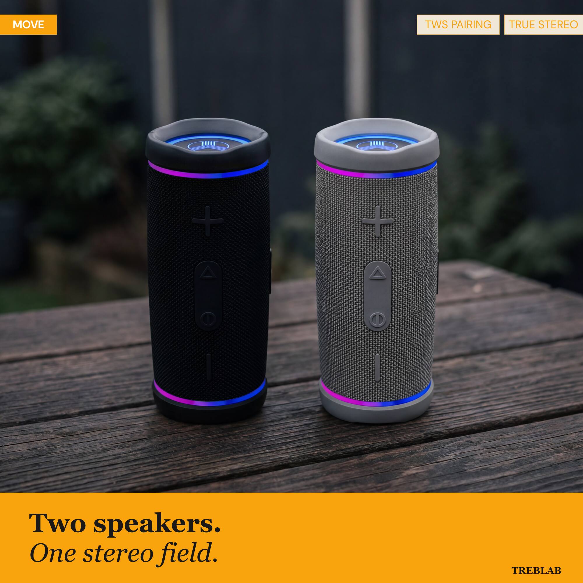 MOVE

TWS PAIRING TRUE STEREO

Two speakers. One stereo field.

TREBLAB