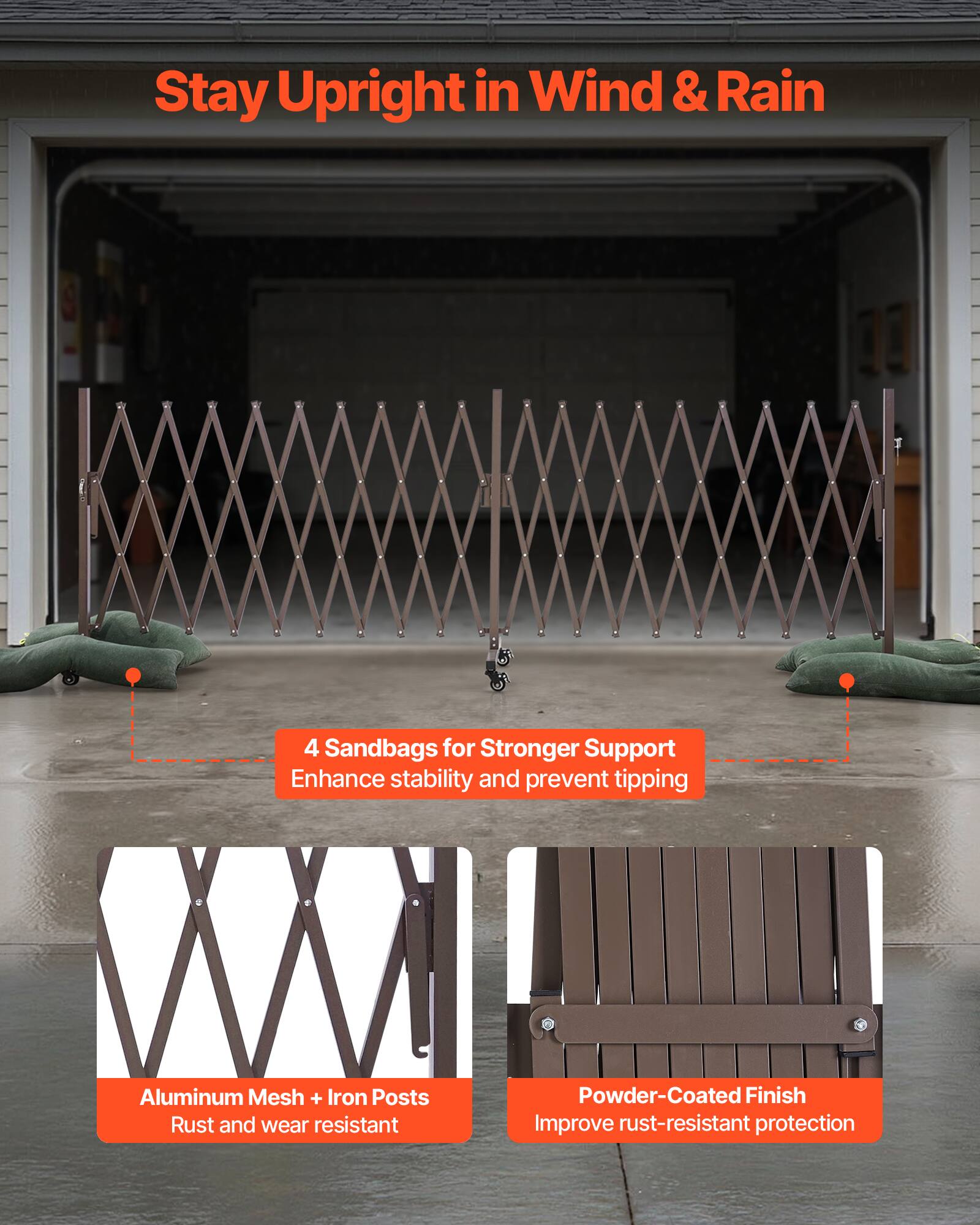 Stay Upright in Wind & Rain

4 Sandbags for Stronger Support  
Enhance stability and prevent tipping

Aluminum Mesh + Iron Posts  
Rust and wear resistant

Powder-Coated Finish  
Improve rust-resistant protection
