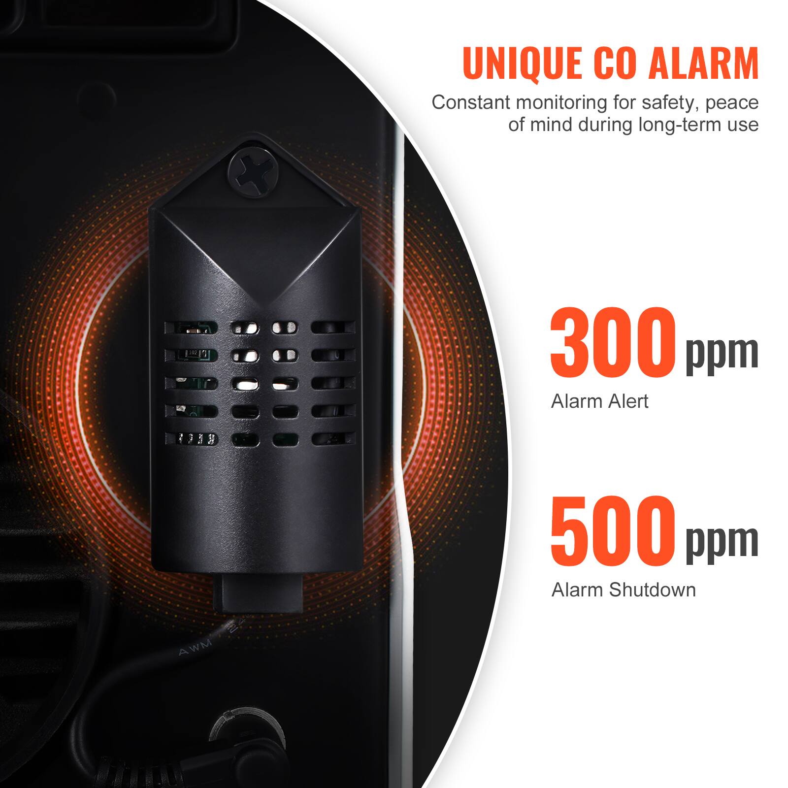 UNIQUE CO ALARM  
Constant monitoring for safety, peace of mind during long-term use

300 ppm  
Alarm Alert

500 ppm  
Alarm Shutdown