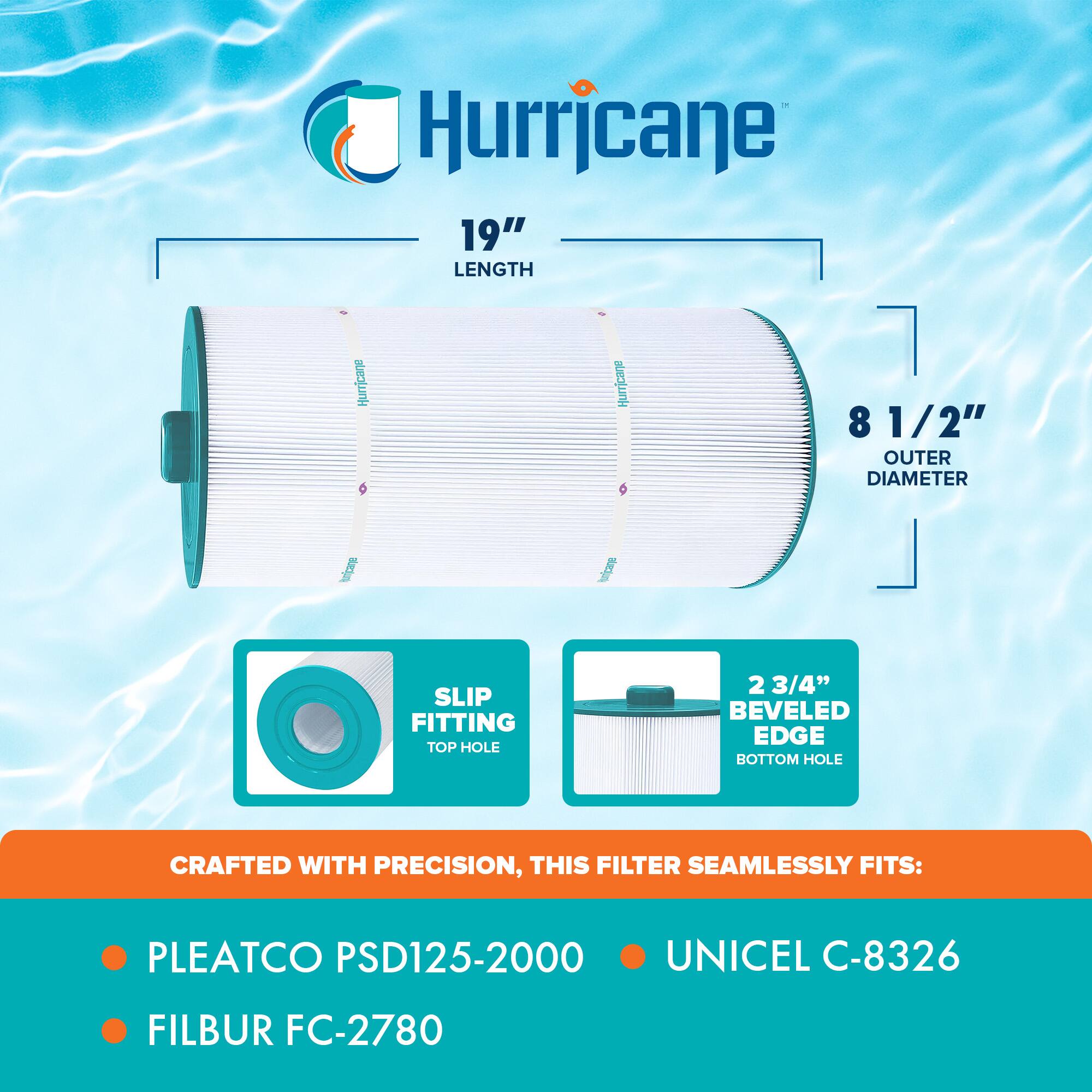 Hurricane

19" LENGTH

8 1/2" OUTER DIAMETER

SLIP FITTING TOP HOLE

2 3/4" BEVELED EDGE BOTTOM HOLE

CRAFTED WITH PRECISION, THIS FILTER SEAMLESSLY FITS:

- PLEATCO PSD125-2000
- UNICEL C-8326
- FILBUR FC-2780