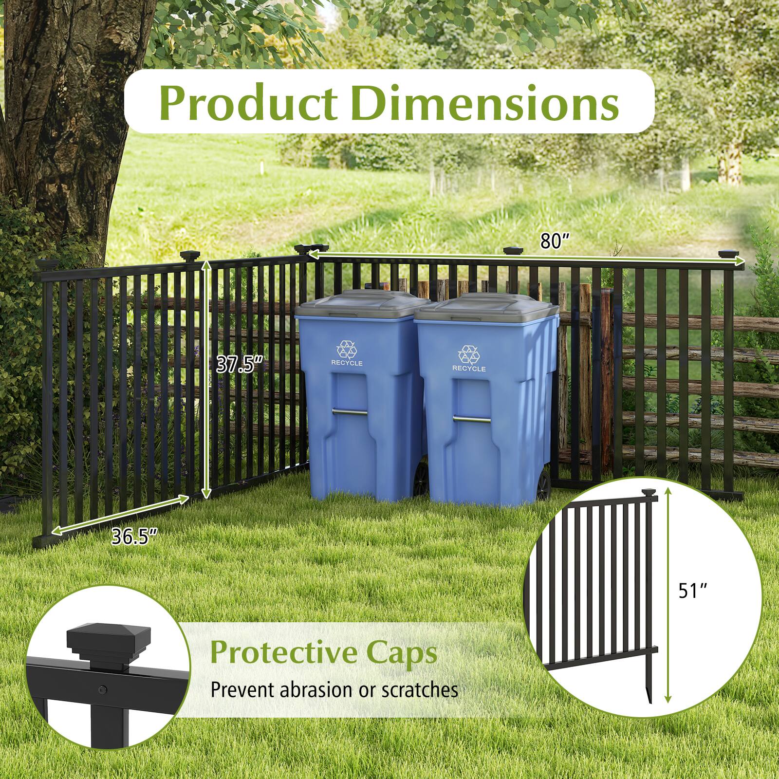 Product Dimensions:  
- 80"  
- 37.5"  
- 36.5"  
- 51"  

Protective Caps:  
Prevent abrasion or scratches
