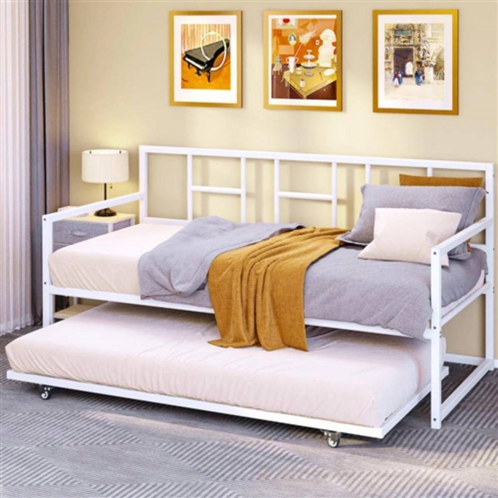 Left. Hivvago - Twin size White Metal Daybed Frame with Roll Out Trundle Bed Frame - White.