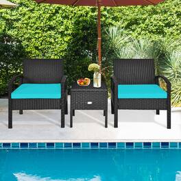 Gymax - 3PCS Rattan Patio Conversation Furniture Set w/ Storage Table Cushion - Turquoise