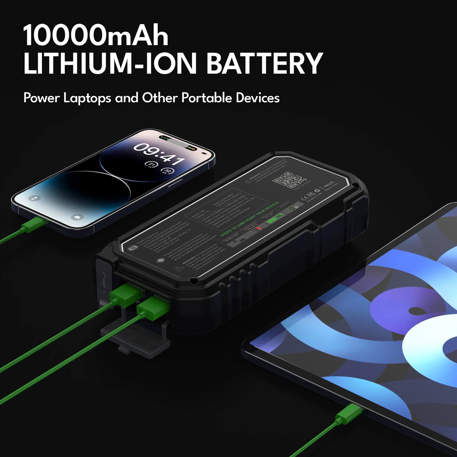 10000mAh LITHIUM-ION BATTERY  
Power Laptops and Other Portable Devices  

09:41  

0 R  
ot - CEFE  
FORCA - NO  
san N SUte  
1 STEPS