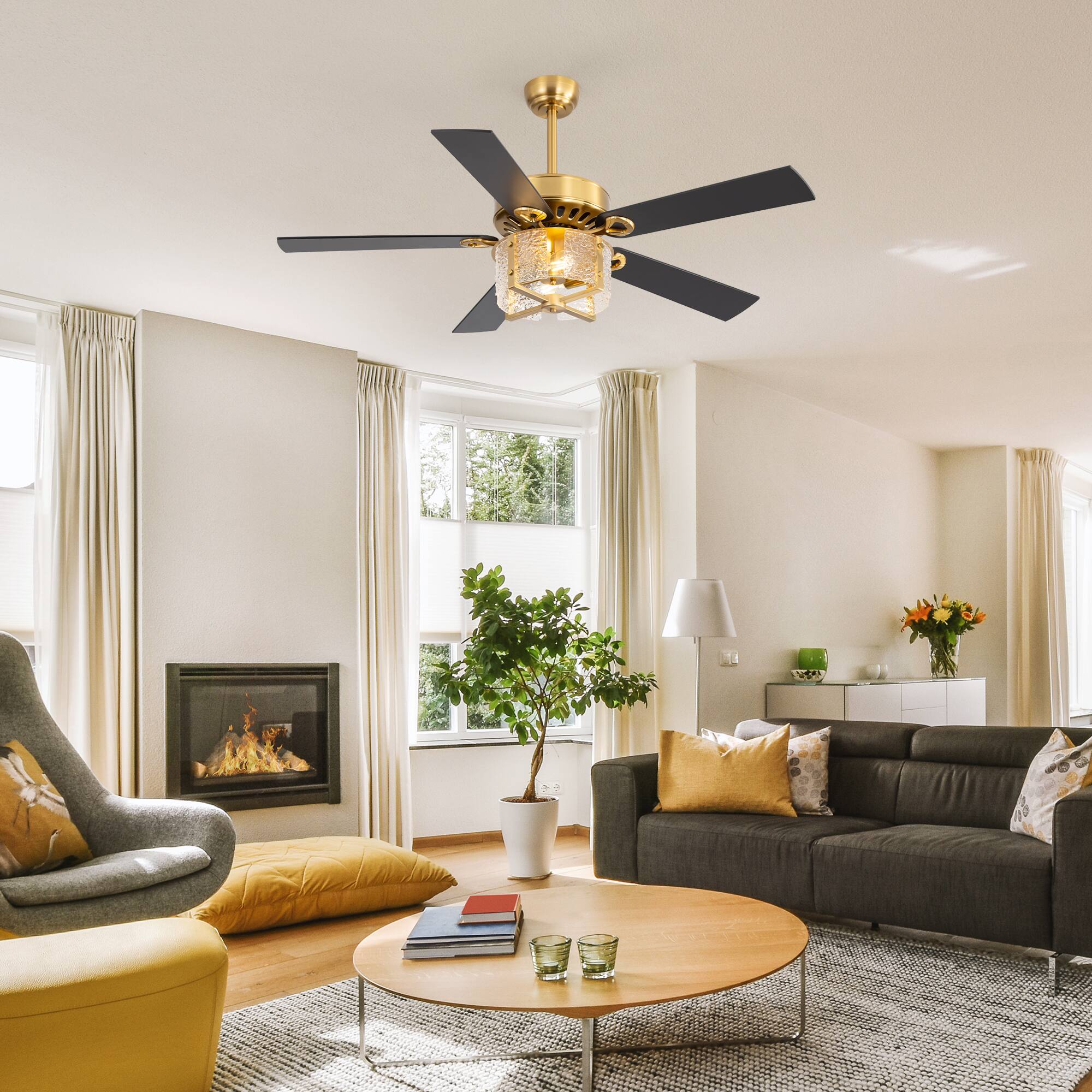 Left. Breezary - 52-Inch Large Ceiling Fan with Light Fixture, 5 Dual-Finish Plywood Blades, DC Motor, Remote Control, 5/10-Inch Downrods - Electroplated Gold with Black and Rich Walnut.