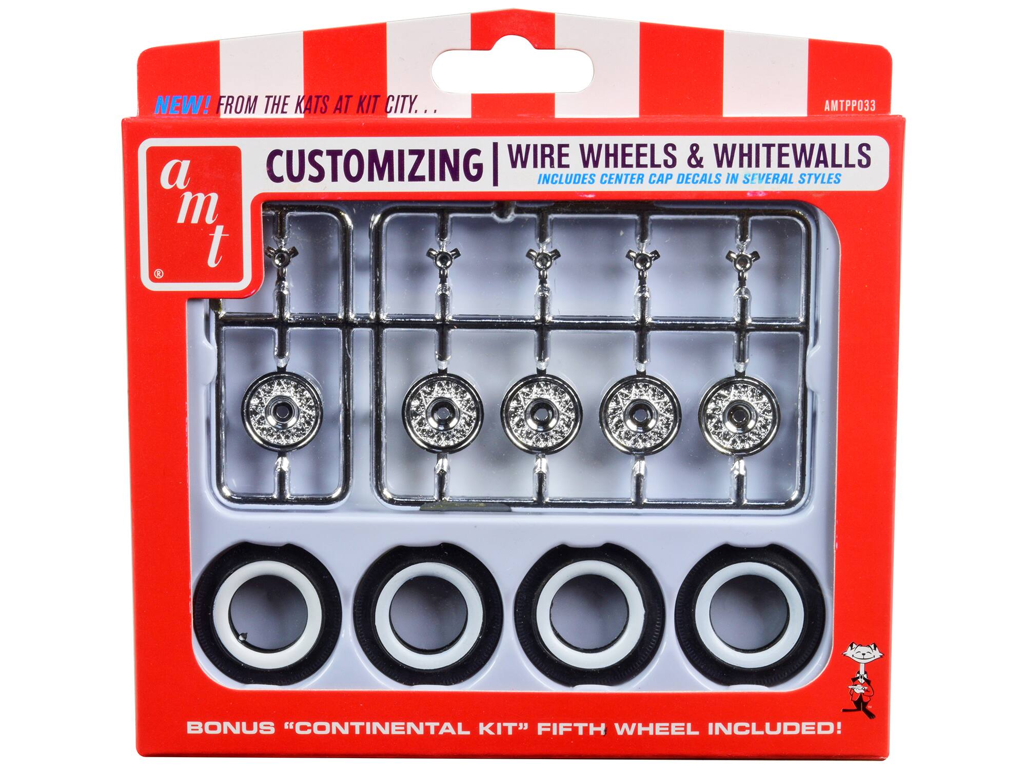 NEW! FROM THE KATS AT KIT CITY...  
AMTPP033  
CUSTOMIZING | WIRE WHEELS & WHITEWALLS  
INCLUDES CENTER CAP DECALS IN SEVERAL STYLES  
BONUS "CONTINENTAL KIT" FIFTH WHEEL INCLUDED!