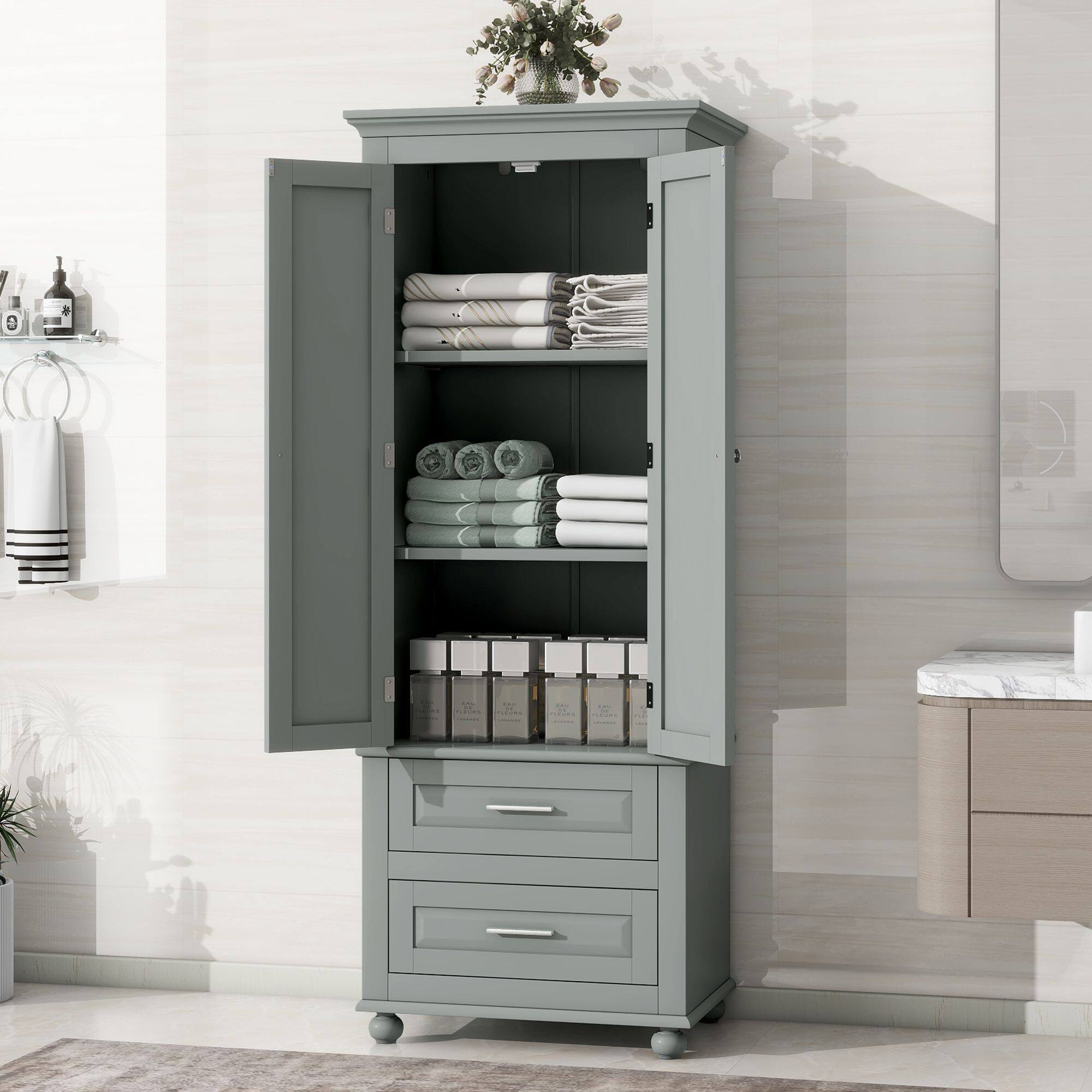 Left. Mirfee - Tall Storage Cabinet with 2 Drawers for Bathroom or Office - Grey.