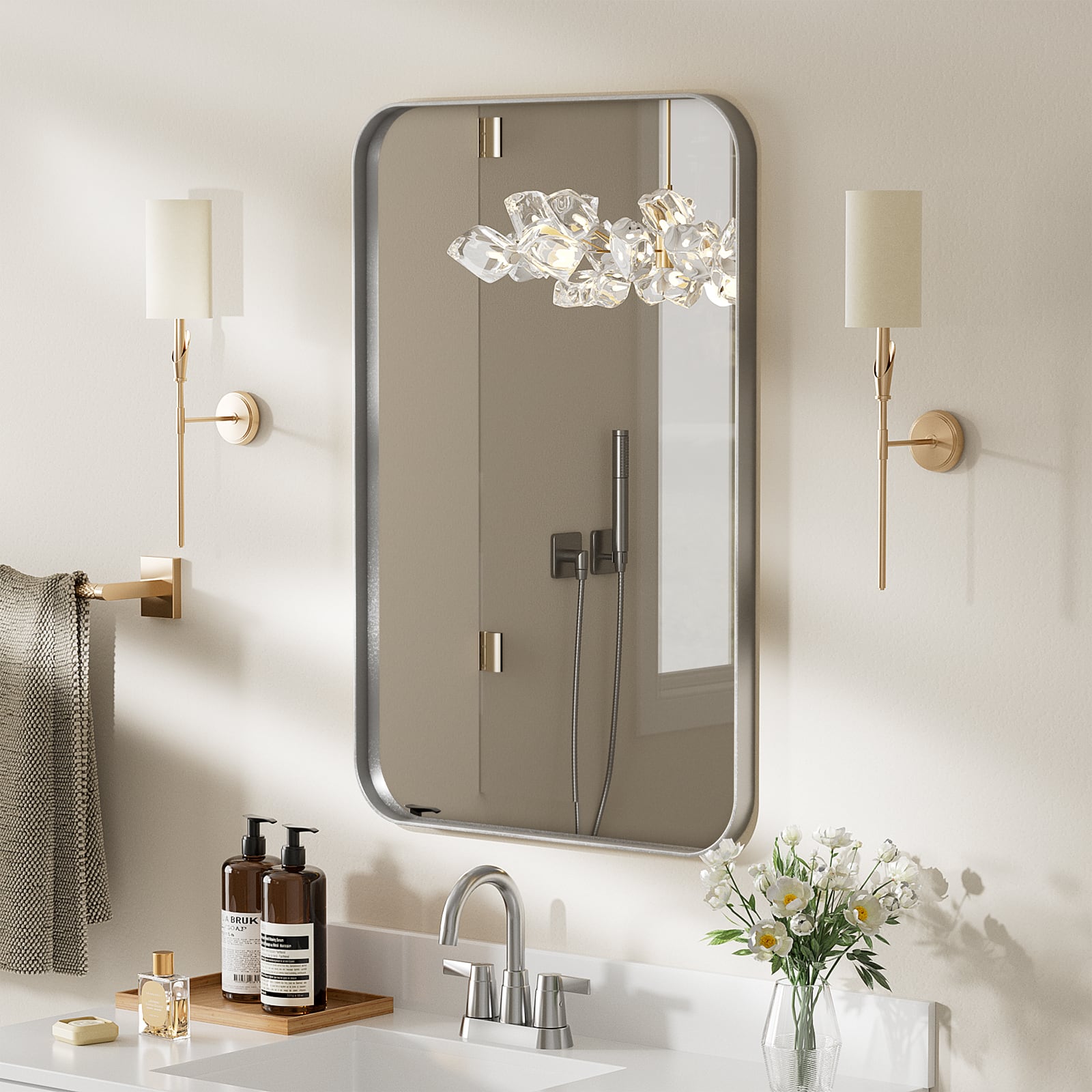 LOVMOR - 20 in. W x 30 in. H Modern Rectangular Aluminum Framed Wall Bathroom Vantiry Mirror - Silver