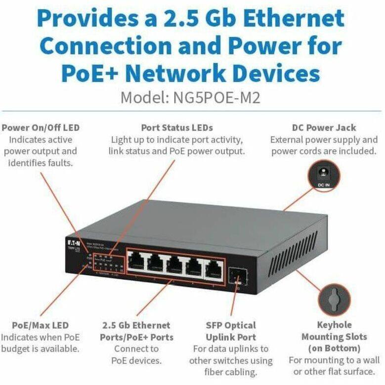 Provides a 2.5 Gb Ethernet Connection and Power for PoE+ Network Devices  
Model: NG5POE-M2  

- Power On/Off LED: Indicates active power output and identifies faults.  
- Port Status LEDs: Light up to indicate port activity, link status, and PoE power output.  
- DC Power Jack: External power supply and power cords are included.  
- PoE/Max LED: Indicates when PoE Ports/PoE+ Ports budget is available.  
- 2.5 Gb Ethernet Ports/PoE+ Ports: Connect to PoE devices.  
- SFP Optical Uplink Port: For data uplinks to other switches using fiber cabling.  
- Keyhole Mounting Slots (on Bottom): For mounting to a wall or other flat surface.
