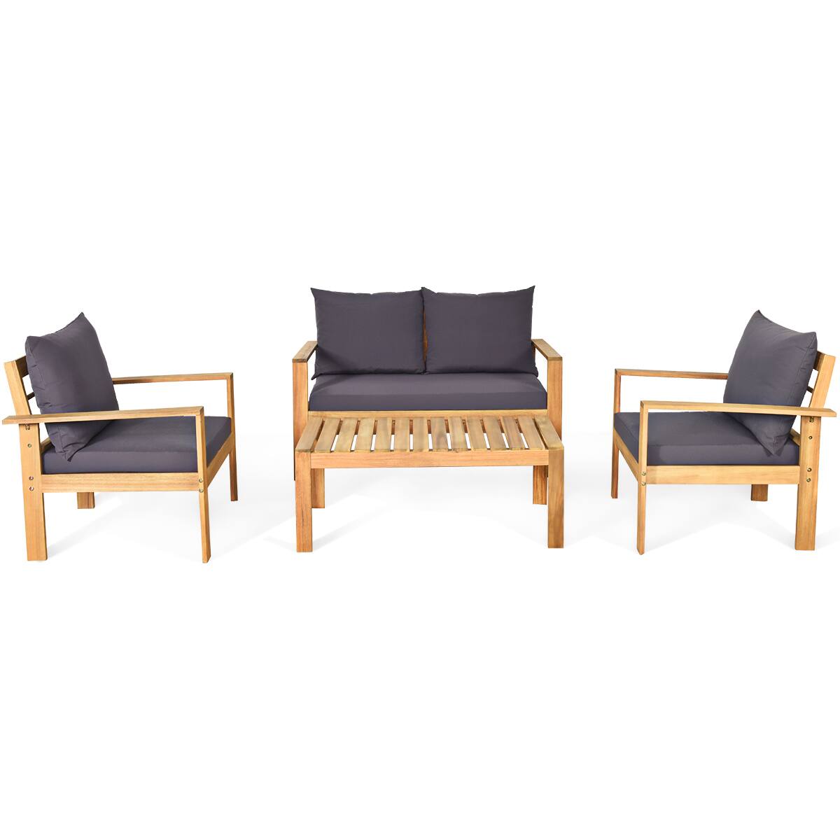 Alt View 1. Gymax - Gymax 4PCS Cushioned Wooden Conversation Set Patio Outdoor Furniture Set with Cover - Grey.