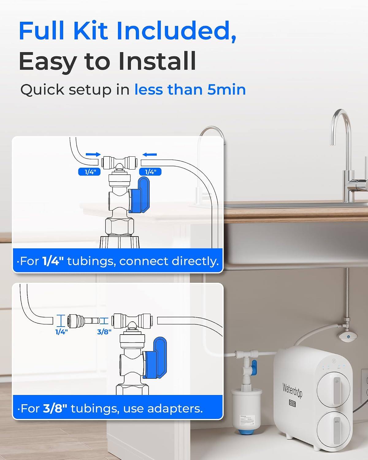 Full Kit Included, Easy to Install  
Quick setup in less than 5min  

1/4"  
1/4"  
For 1/4" tubings, connect directly.  

1/4"  
3/8"  
For 3/8" tubings, use adapters.  

Waterdrop 500